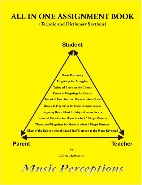 All In One Assignment Book/Technic/Dictionary includes: Music Dictionary, Fingerings for Arpeggios, Technical Exercises for Chords, Theory and Fingerings for Chords, Technical Exercises for Major and minor scales, Theory and fingers for Major and minor scales, Technical exercises for Major and minor 5 Finger Patterns, Theory and Fingerings for Major and minor 5 Finger Patterns, Circle of 5ths and a Chart of the Relationship of the Grand Staff Notation to the Piano Keyboard. By LeAnn Halvorson