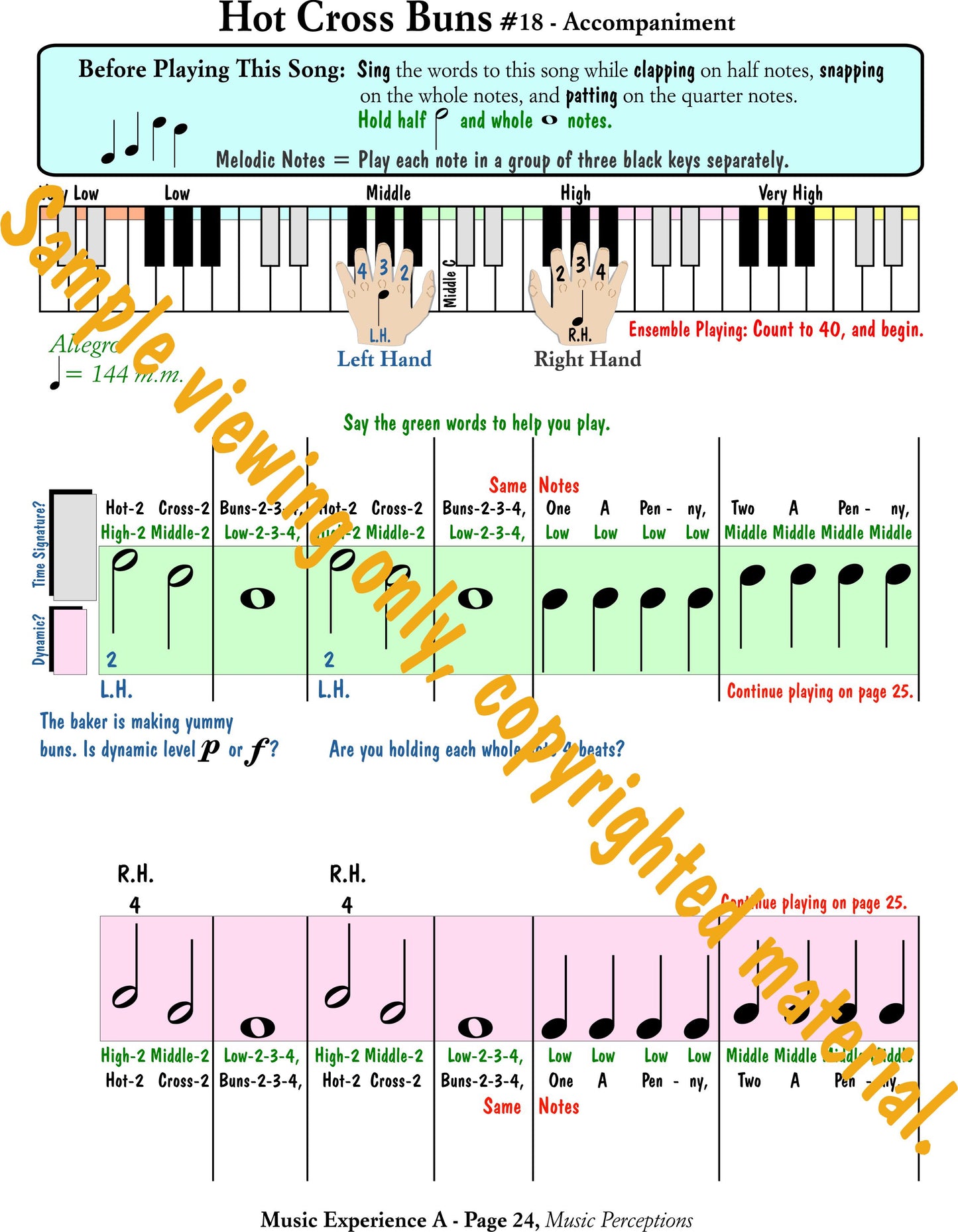 Music Experience A - Arrangement of Hot Cross Buns by LeAnn Halvorson page 1. Access to .mp3 files available with purchase of book.