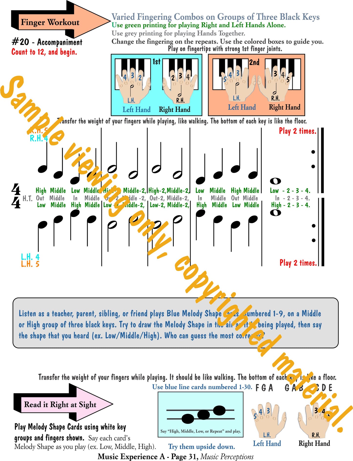 Music Experience A - Technique, Ear Training and Sight Reading sample page. Technique and Sight Reading uses varied fingering.