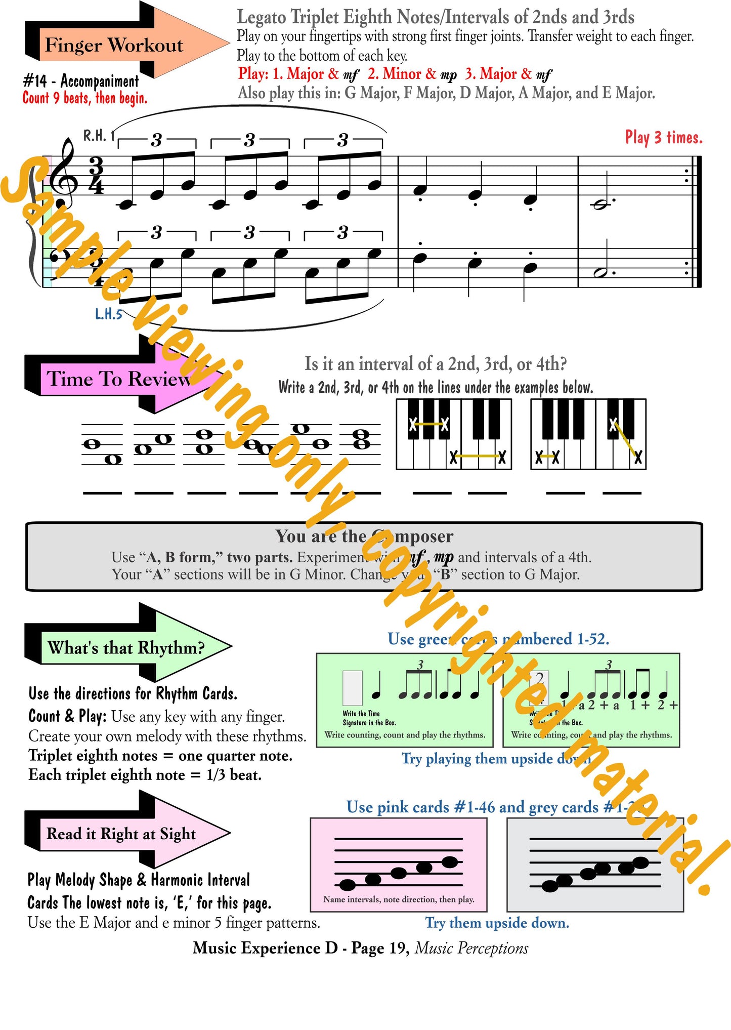 Music Experience D - Activity Page including: Finger Workout, Review, Composition, Rhythm and Sight Reading Training by LeAnn Halvorson.