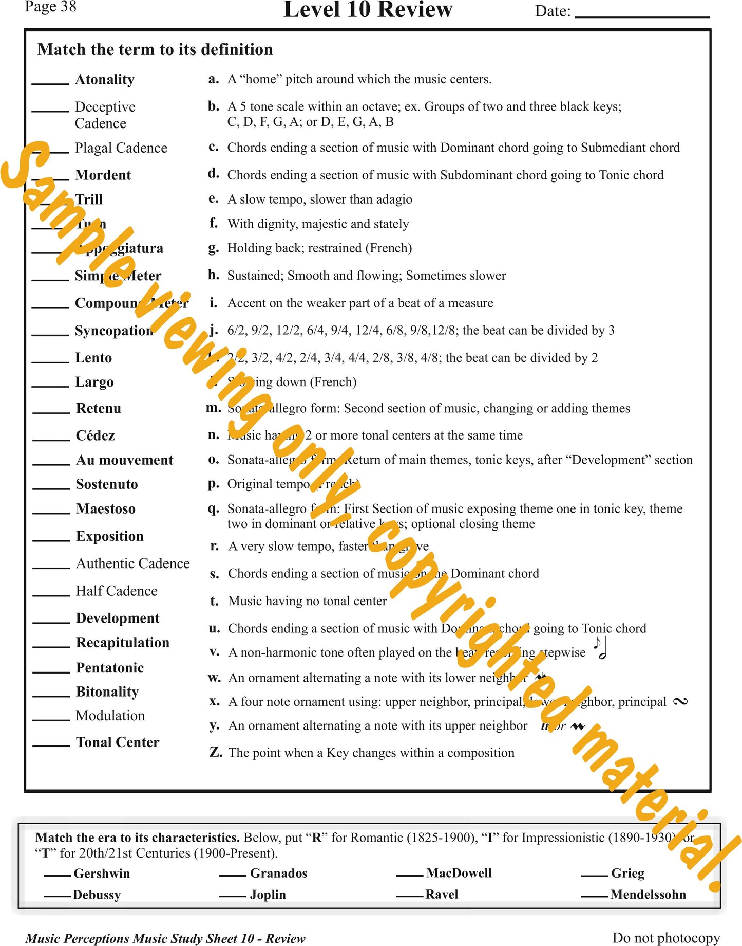 Music Study Sheets Level 10 Sample of Review Page by LeAnn Halvorson.