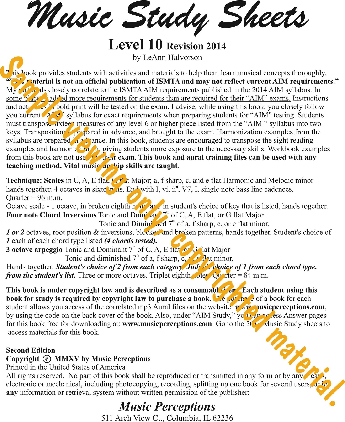 Music Study Sheets Level 10, list of required technique by LeAnn Halvorson. Access to Aural Activity .mp3 files available with purchase of book..