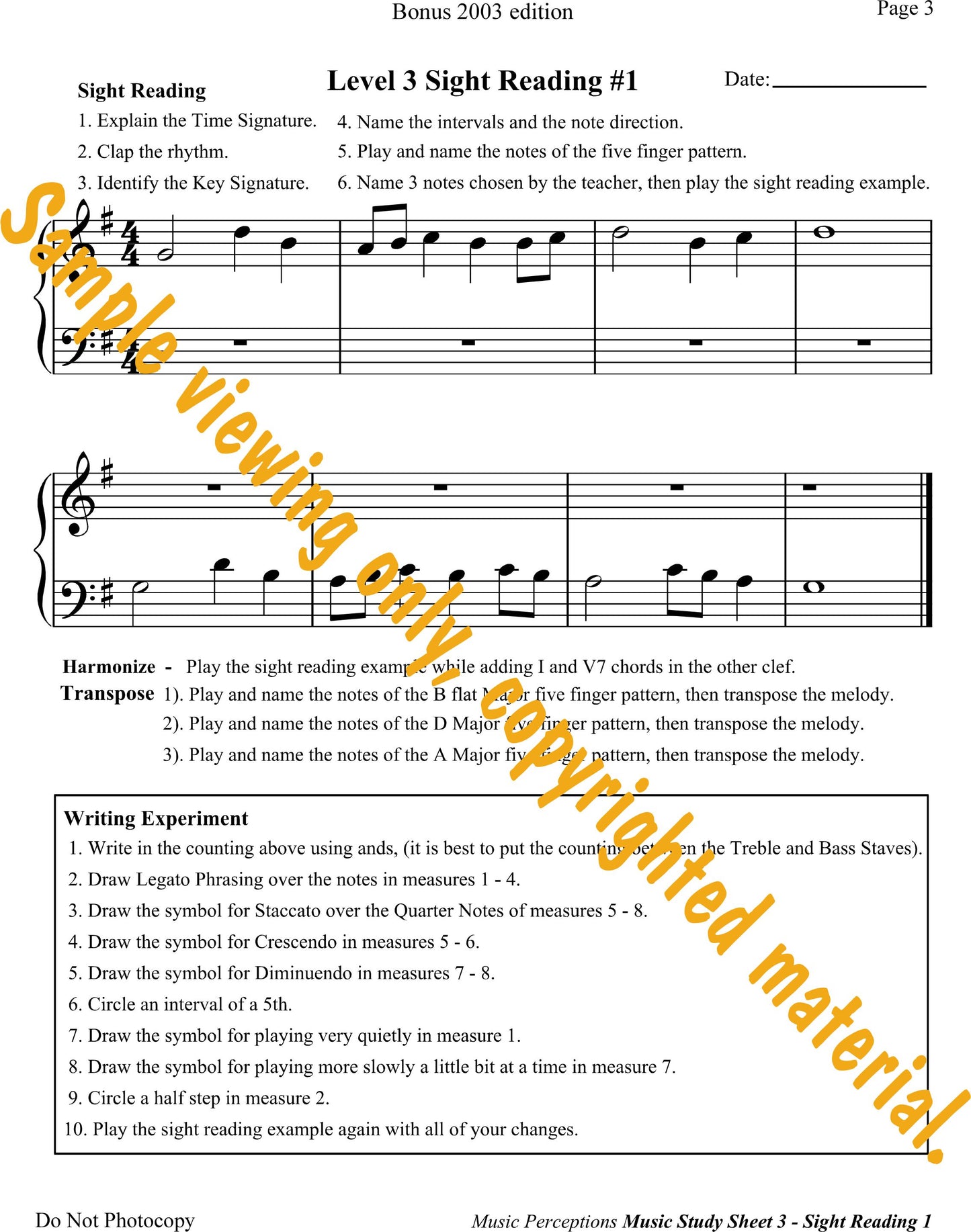 Music Study Sheets Level 3 Sample of Bonus Page 3 from 2003 edition. By LeAnn Halvorson.