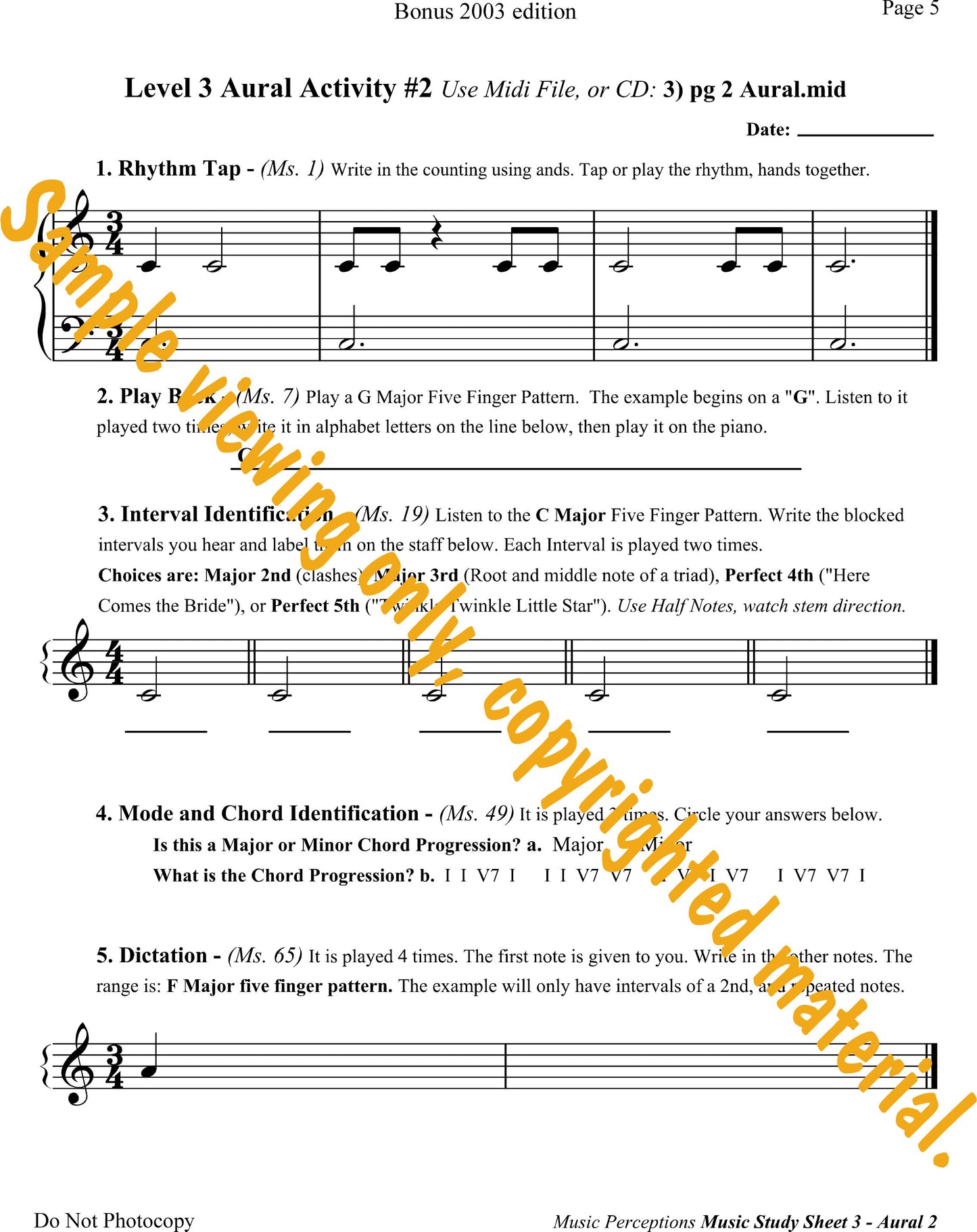 Music Study Sheets Level 3 Sample Page 5 from Bonus 2003 edition. Access to Aural Activity Files available with purchase of the book. By LeAnn Halvorson.