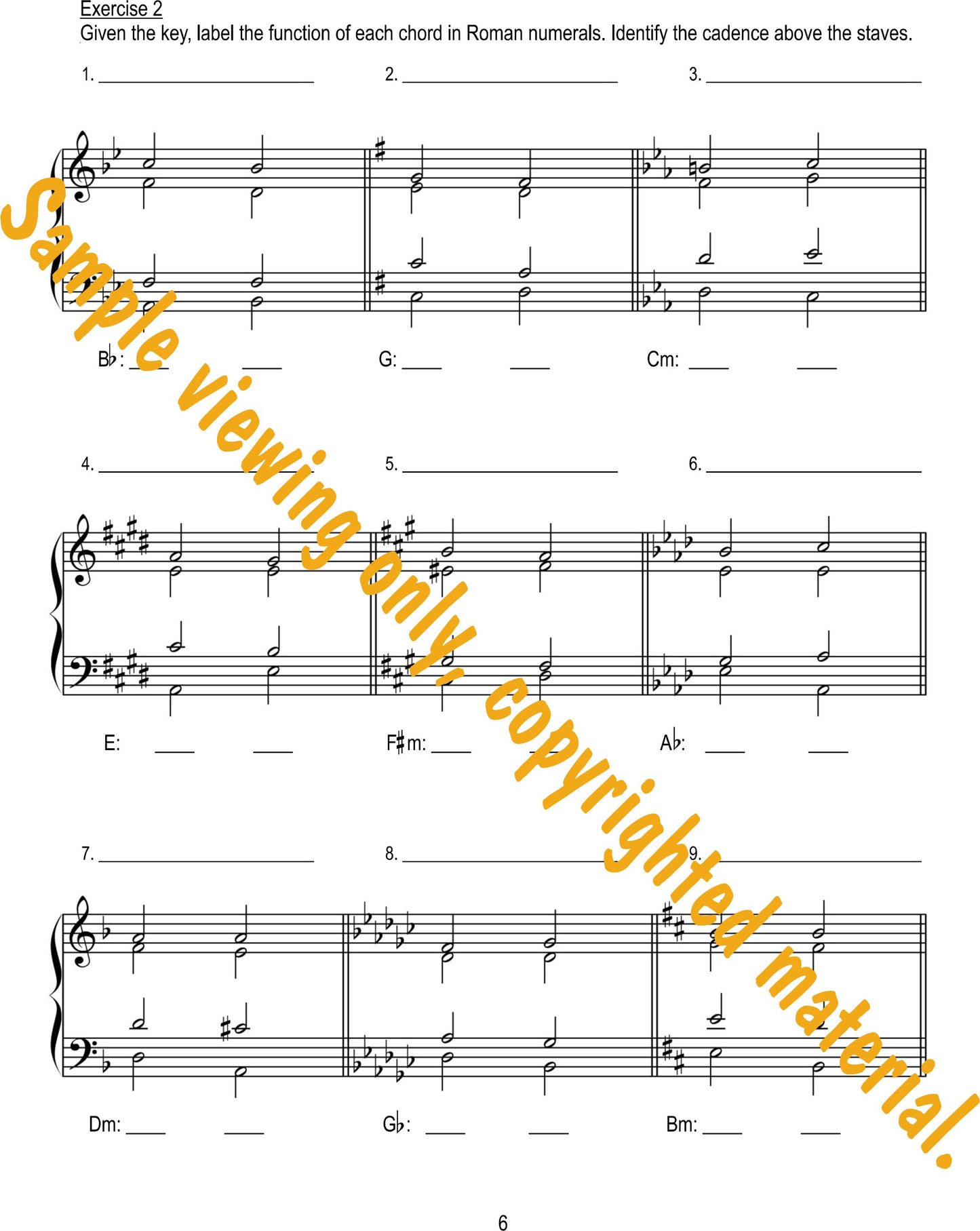 Music Theory Drills on Cadences and Non-Harmonic Tones Sample Page 6, labeling chord function in a Key and identifying the cadence by Dr. Huei Li Chin.