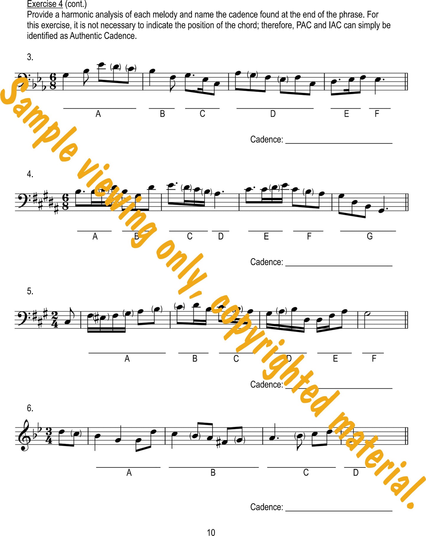 Music Theory Drills on Cadences and Non-Harmonic Tones Sample Page 10, harmonic analysis of the melody and identification of the cadence by Dr. Huei Li Chin.