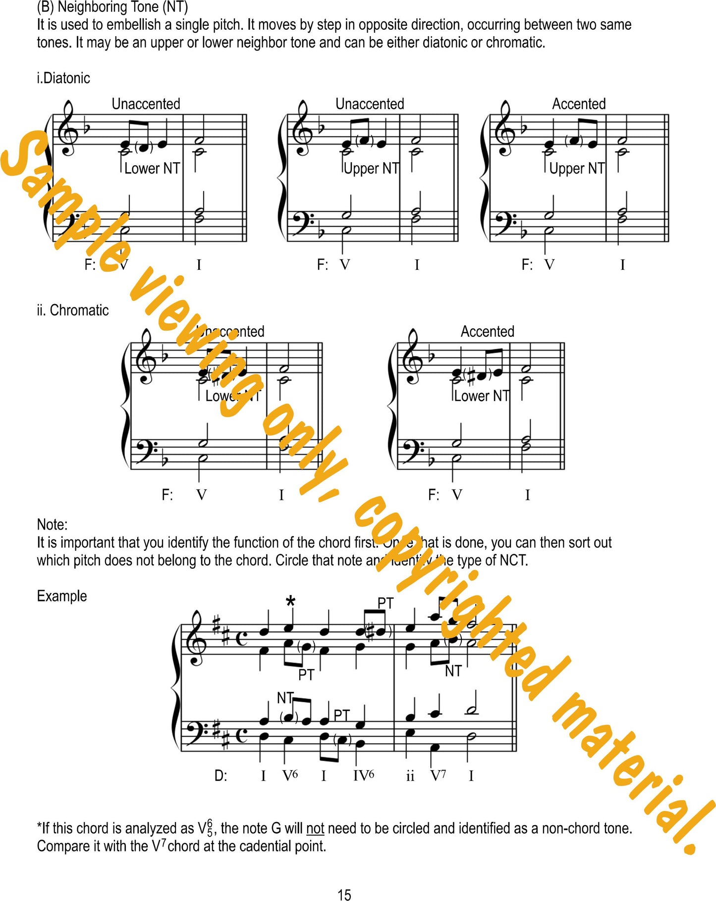 Music Theory Drills on Cadences and Non-Harmonic Tones Sample Page 15, examples of diatonic and chromatic non-harmonic tones by Dr. Huei Li Chin.