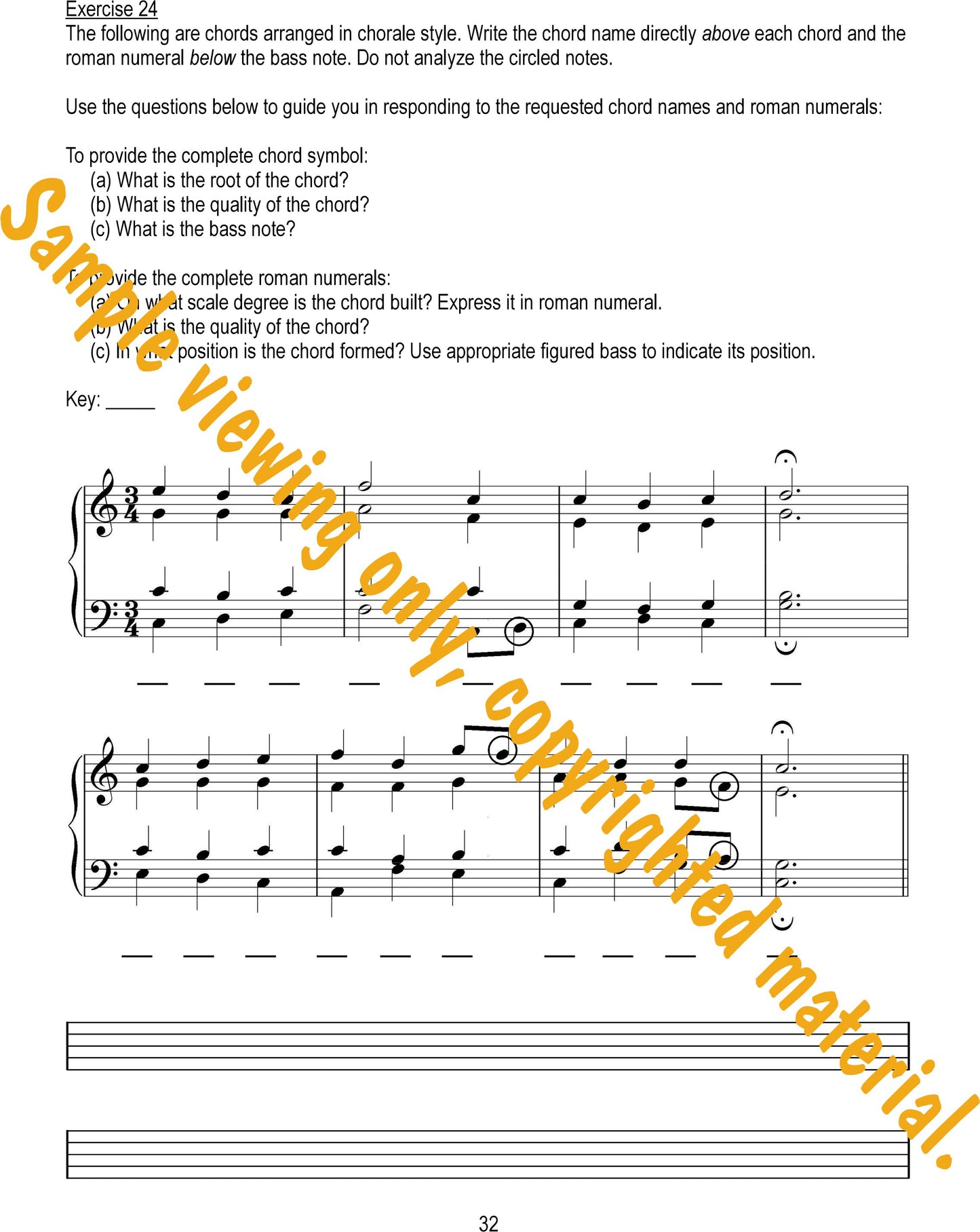 Music Theory Drills on Triads and Inversions Sample Page 32. Analysis of chords in chorale style using roman numerals and figured bass by Dr. Huei Li Chin.