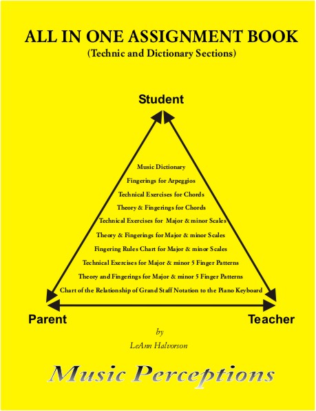 All In One Assignment Book/Technic/Dictionary includes: Music Dictionary, Fingerings for Arpeggios, Technical Exercises for Chords, Theory and Fingerings for Chords, Technical Exercises for Major and minor scales, Theory and fingers for Major and minor scales, Technical exercises for Major and minor 5 Finger Patterns, Theory and Fingerings for Major and minor 5 Finger Patterns, Circle of 5ths and a Chart of the Relationship of the Grand Staff Notation to the Piano Keyboard. By LeAnn Halvorson