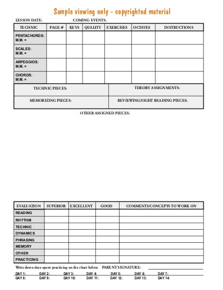 Sample view of Assignment filler page with technique assignment grid, lesson evaluation and practice record.