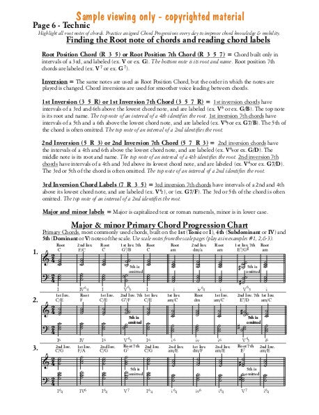 Sample page of 7th chord qualities and a Major/minor Primary Chord Progression Chart in Root, 1st and 2nd Position.