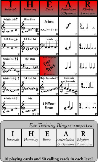 I HEAR Bingo - Level One Students have fun drilling concepts and ear training. 10 playing cards and 50 calling cards in each level (Intervals, Harmony, Extra, Articulation and Dynamics, Rhythms). This can be a quick game using only one column or a longer game using the whole playing card. Great for music camps. By LeAnn Halvorson