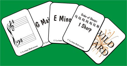 Students learn Major key signatures quickly playing Concentration, Crazy Eights or Rummy with this fun playing card set. It includes an instruction booklet. Use it for drill with one student in a game of Concentration or in a group of students playing the other games. This game can be mixed in with any of the Major Cadence Games. Great for music camps. By LeAnn Halvorson and Karen Soderberg