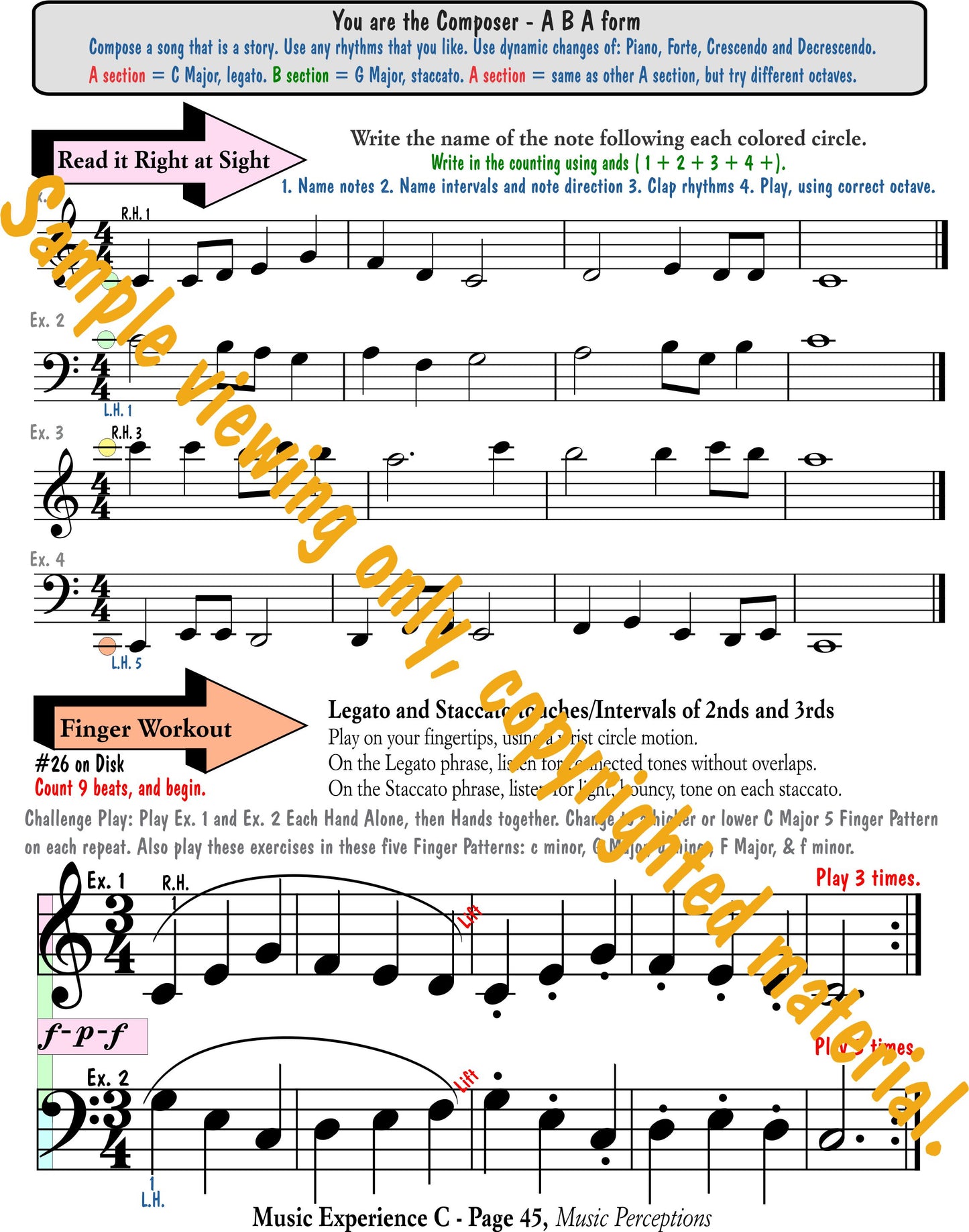 Music Experience C - Activity Page sample including Composition, Sight Reading with varied fingering and Technique.