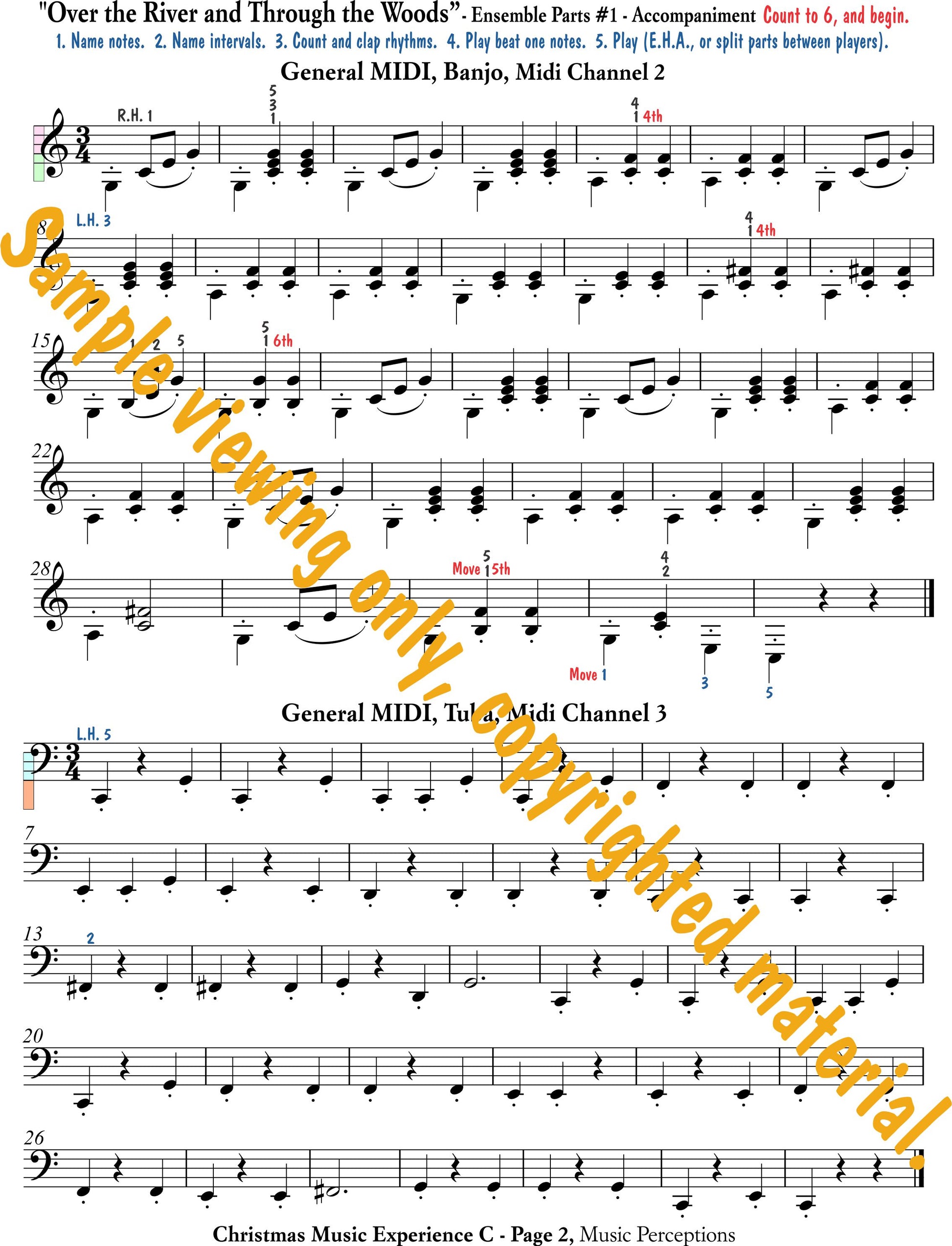 Music Experience C Christmas - Ensemble parts for Over the River and Through the Woods page 1 by LeAnn Halvorson. Access to .mp3 files available with purchase of the book.