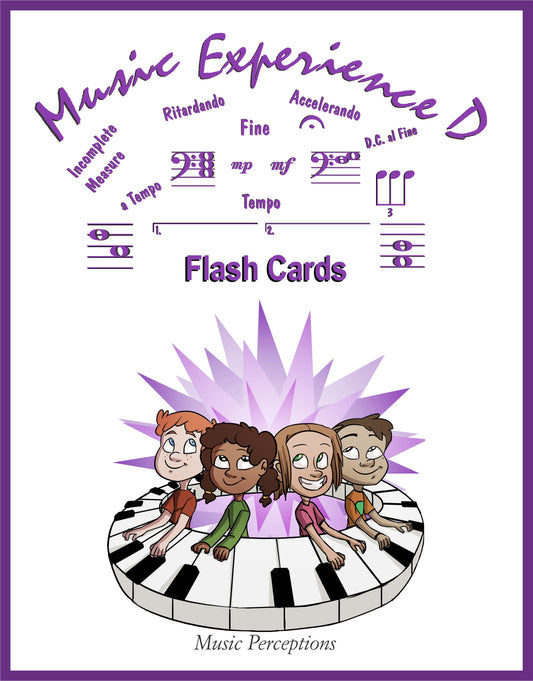 Great for camps, group or private study. They really help bridge gaps in learning. These flash cards are correlated to the Music Experience D book and include: Terms, Staff/Pre-Clef Melody Shape Cards 2nds-5ths and Rhythms. Its intended user is aged 8-11. Cards are business card sized and are printed on perforated business card stock. By LeAnn Halvorson Cover art by Val Halvorson Activities included