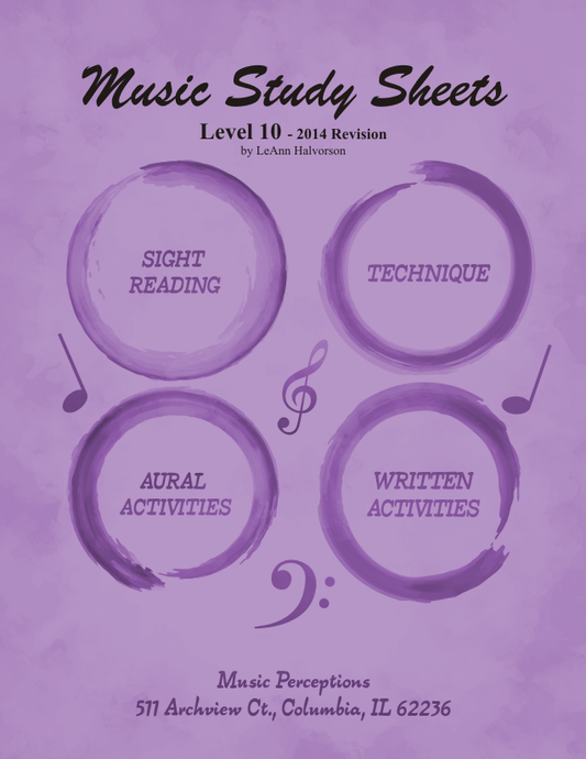 Music Study Sheets Level 10, 2014 edition includes Sight Reading, Technique, Music Theory Written Activities, and Aural Activities. This book is perfect for college-bound music students and helps prepare them for the Level 10 AIM exams through (ISMTA). Aural Activity .mp3 files can be accessed using the code on the back cover at the website for Music Perceptions. Answer Pages are available on the Teacher's Corner for 2014 AIM Study on the website. By LeAnn Halvorson, Cover art by Val Halvorson.