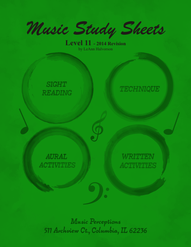 Music Study Sheets Level 11, 2014 edition includes Sight Reading, Technique, Music Theory, and Aural Activities which reinforce student requirements for AIM exams through ISMTA. Can be used with any method book and is helpful for college-bound music students. Aural Activity .mp3 files accessible with the code on the back cover at the Music Perceptions website. Answer Pages available on the Teacher's Corner for 2014 AIM Study on the Music Perceptions website. By LeAnn Halvorson, Cover art by Val Halvorson.