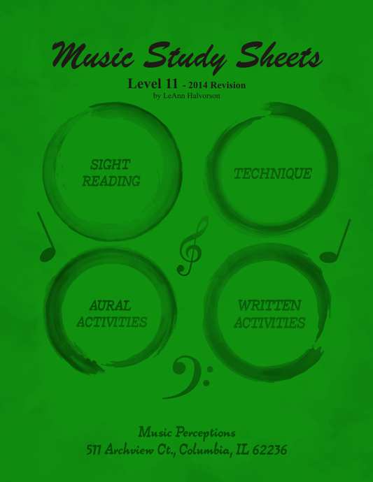 Music Study Sheets Level 11, 2014 edition includes Sight Reading, Technique, Music Theory, and Aural Activities which reinforce student requirements for AIM exams through ISMTA. Can be used with any method book and is helpful for college-bound music students. Aural Activity .mp3 files accessible with the code on the back cover at the Music Perceptions website. Answer Pages available on the Teacher's Corner for 2014 AIM Study on the Music Perceptions website. By LeAnn Halvorson, Cover art by Val Halvorson.