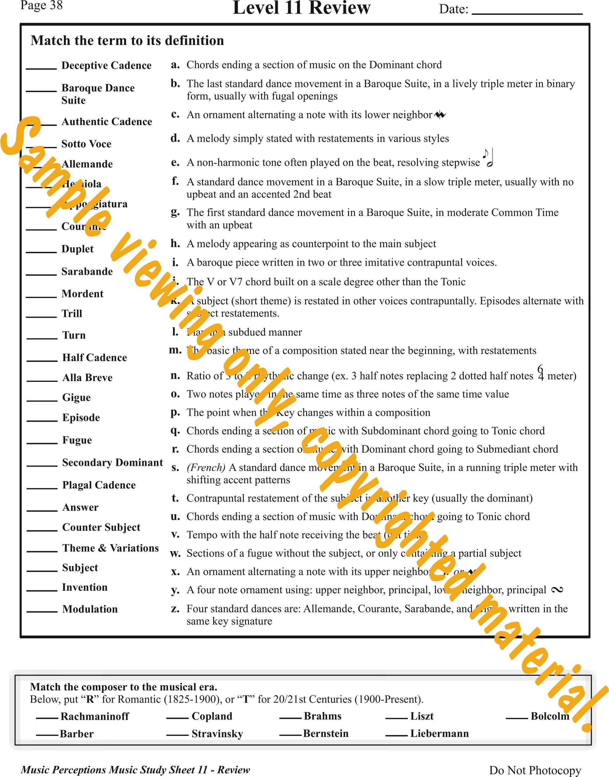 Music Study Sheets 11 Sample Page of Review by LeAnn Halvorson.