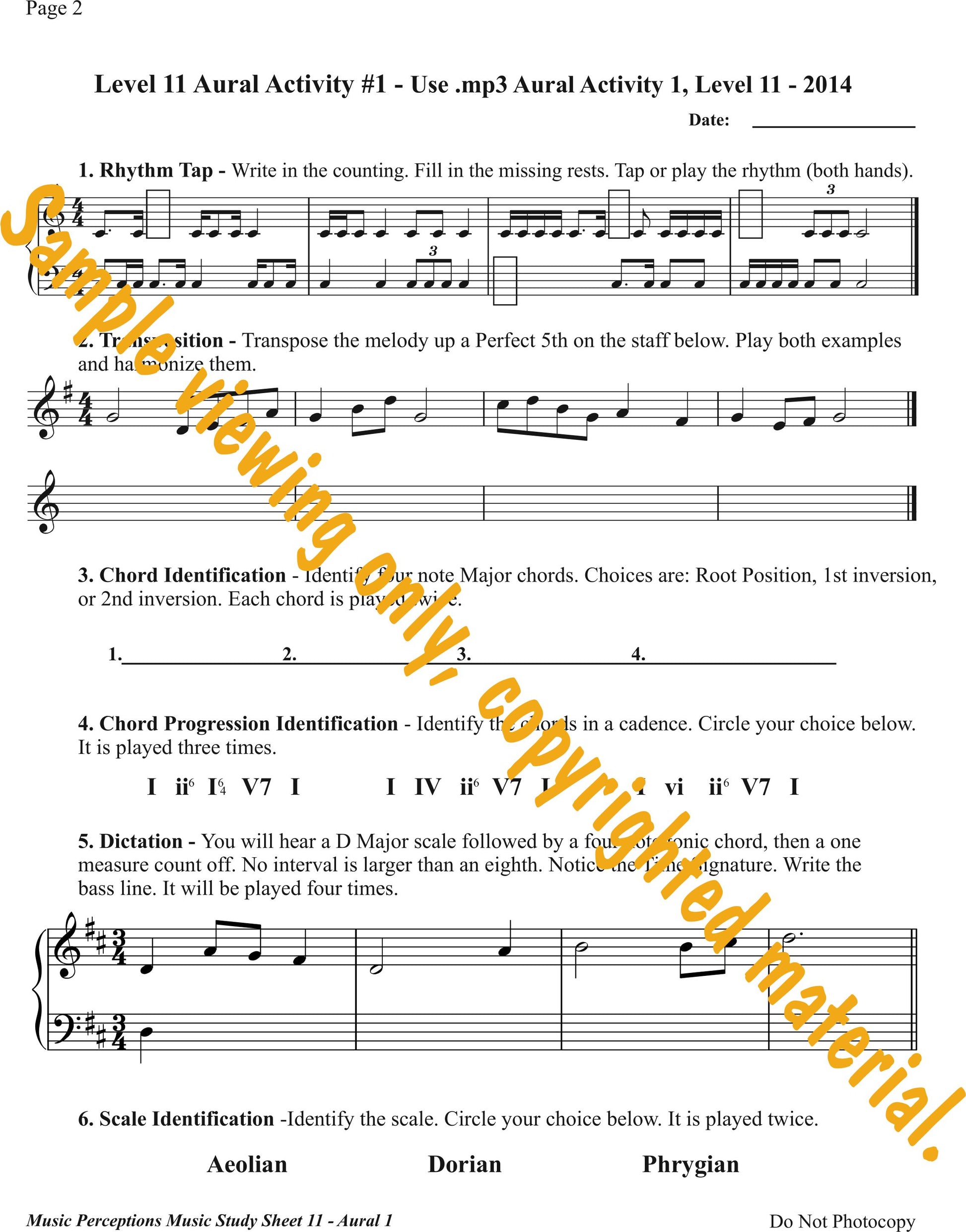 Music Study Sheets 11 Sample Page of Aural Activities by LeAnn Halvorson. Access to Aural Activity .mp3 files available with purchase of the book.