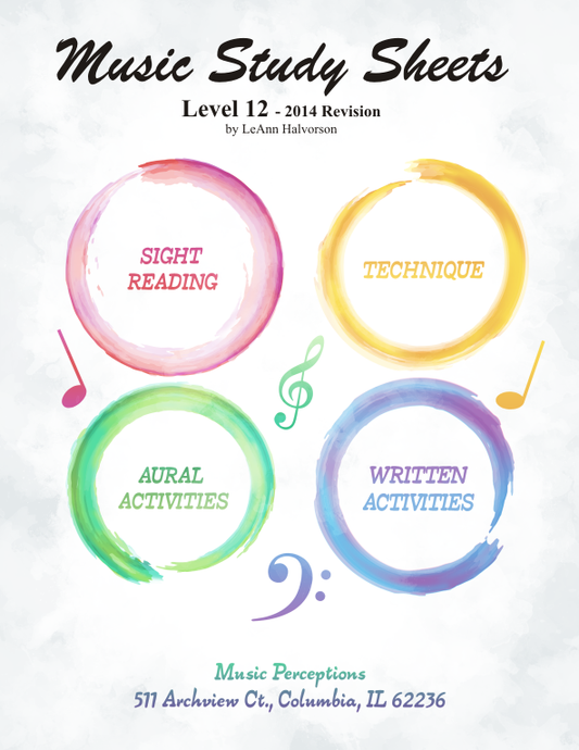 Music Study Sheets 12 edition (2014) includes Sight Reading, Technique, Music Theory, and Aural Activities. Use with any method book for college-bound music students. Aural Activity .mp3's accessed via code on book cover on Music Perceptions website. Answer Pages for 2014 AIM Study on Teacher's Corner, also on Music Perceptions website. By LeAnn Halvorson, Cover art by Val Halvorson.