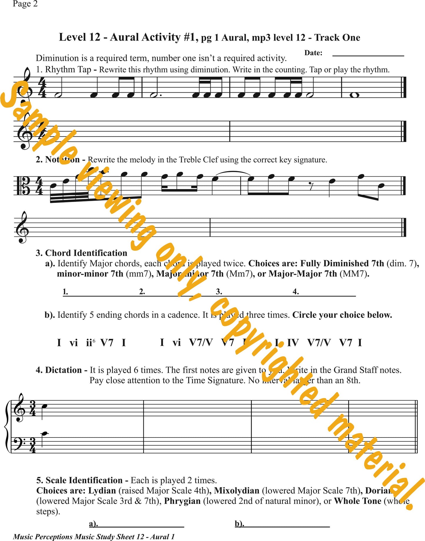 Music Study Sheets Level 12 Sample Page 2 Aural Activities by LeAnn Halvorson. Access the Aural Activity .mp3 files available with the purchase of the book.