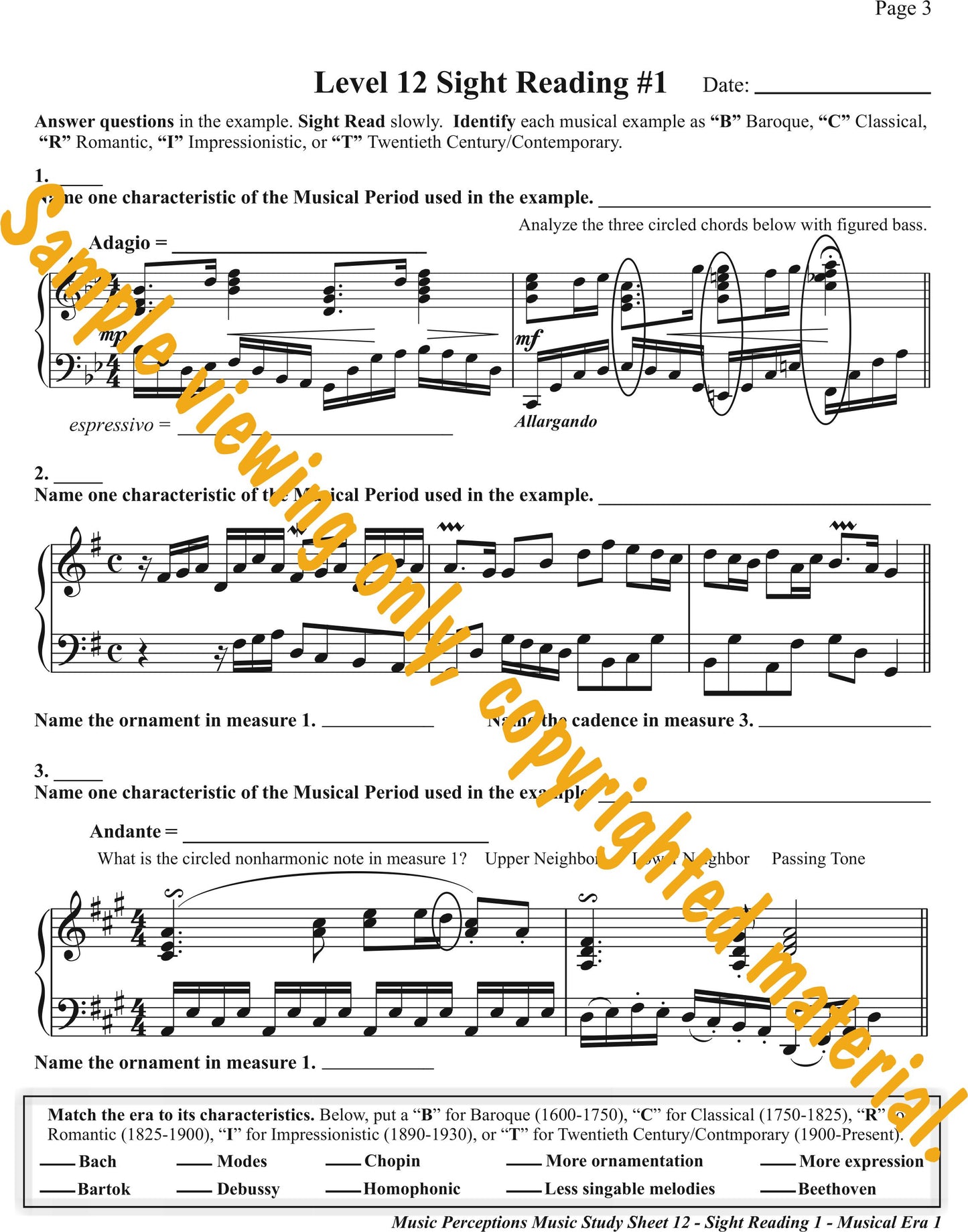 Music Study Sheets Level 12 Sample Page 3 by LeAnn Halvorson.