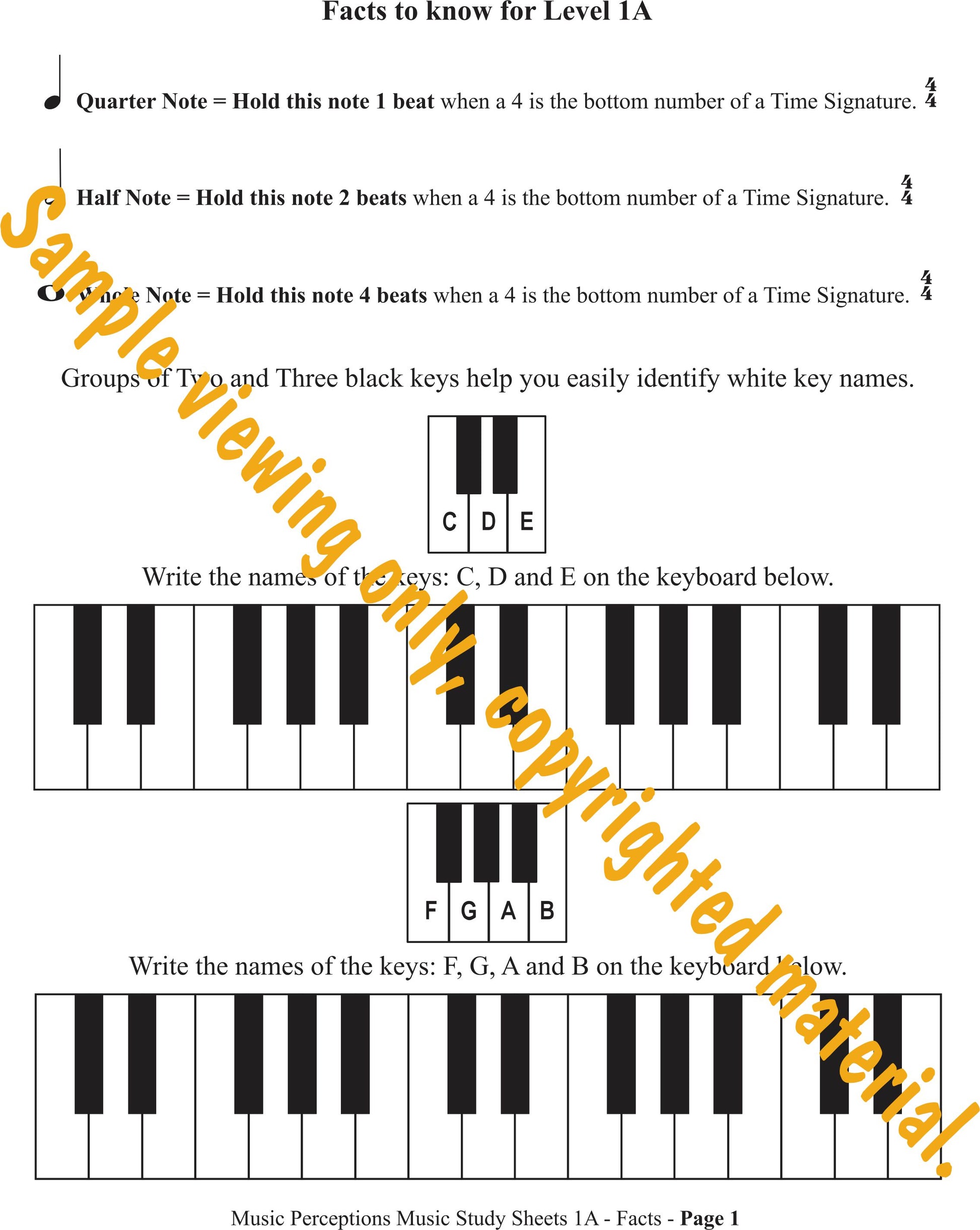 Music Study Sheets 1A Sample Page of Facts to Know for Level 1A by LeAnn Halvorson.