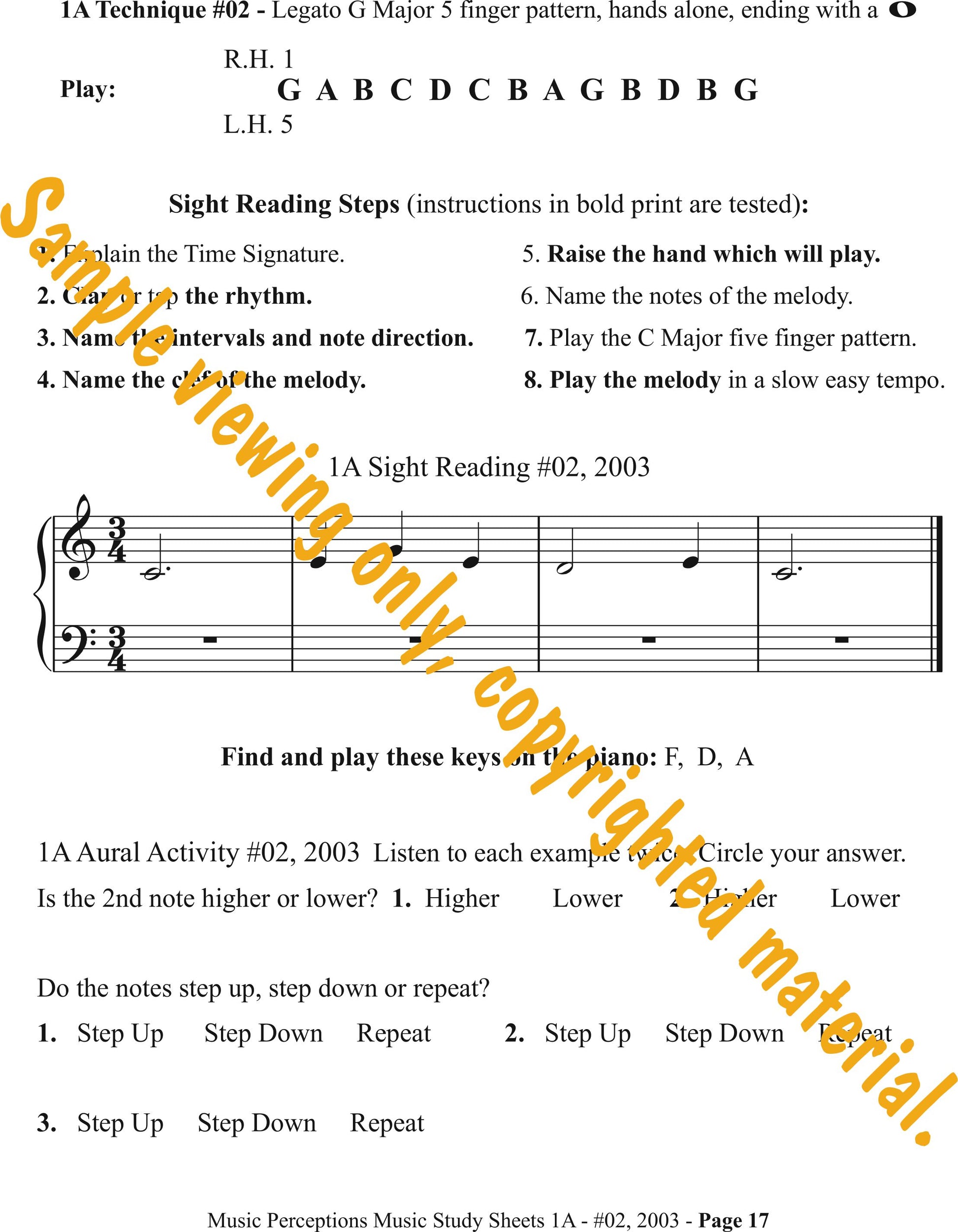 Music Study Sheets Level 1A Sample Page 17. This is bonus material from the 2003 edition.Access to Aural Activity .mp3 files available with purchase. By LeAnn Halvorson