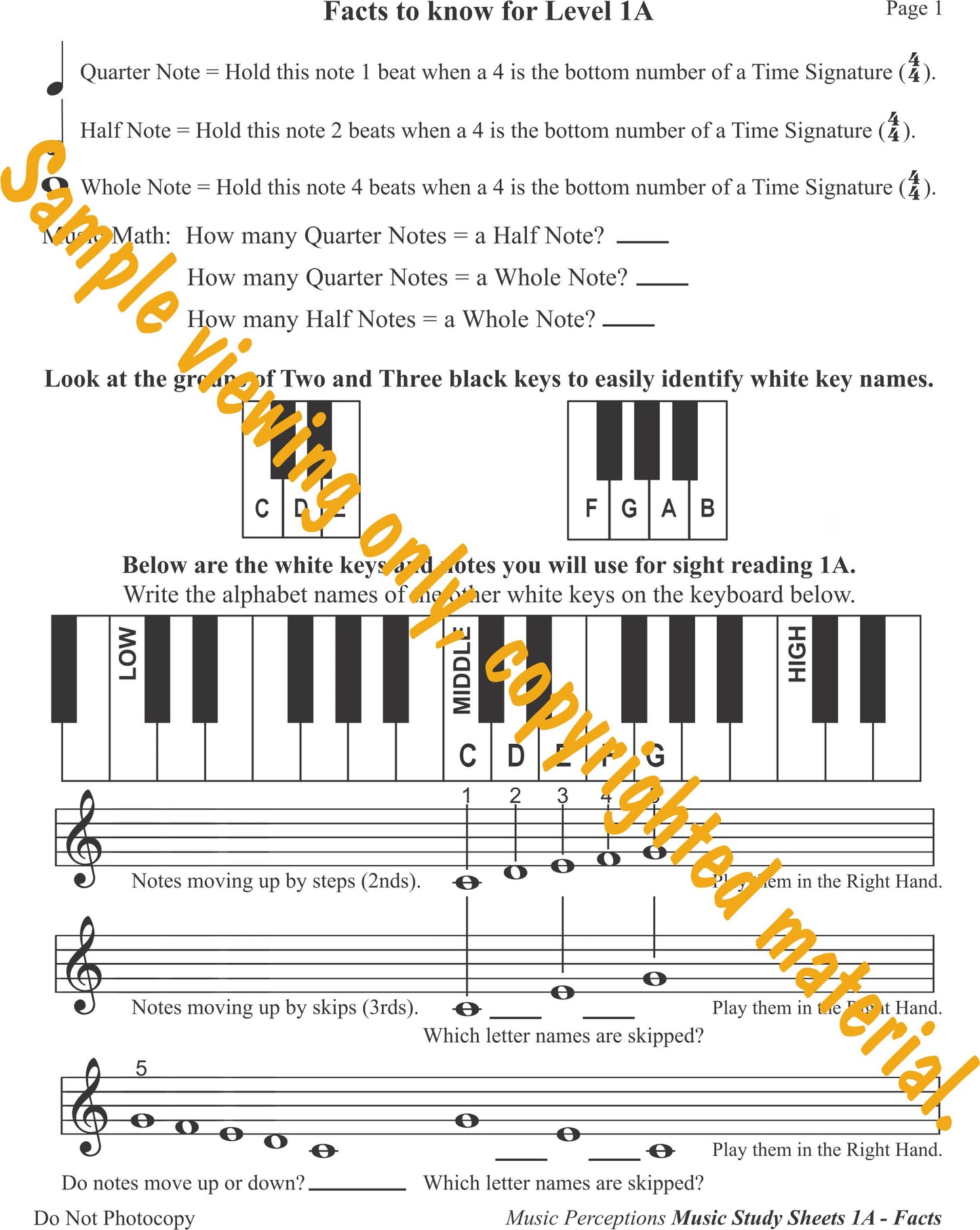 Music Study Sheets Level 1A Sample Page 1 by LeAnn Halvorson.