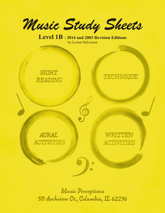 Enhance your early elementary piano students' musicianship skills with Music Study Sheets Level 1B 2014 & 2003 edition. Perfect for students preparing for Achievement in Music Exams from the Illinois State Music Teachers Association. Includes Sight Reading, Aural Activities, Technique, and Written Activities with answer pages provided. Access mp3 files for Aural Activities with the codes on the Table of Contents at: www.musicperceptions.com, by LeAnn Halvorson. Cover art by Val Halvorson.