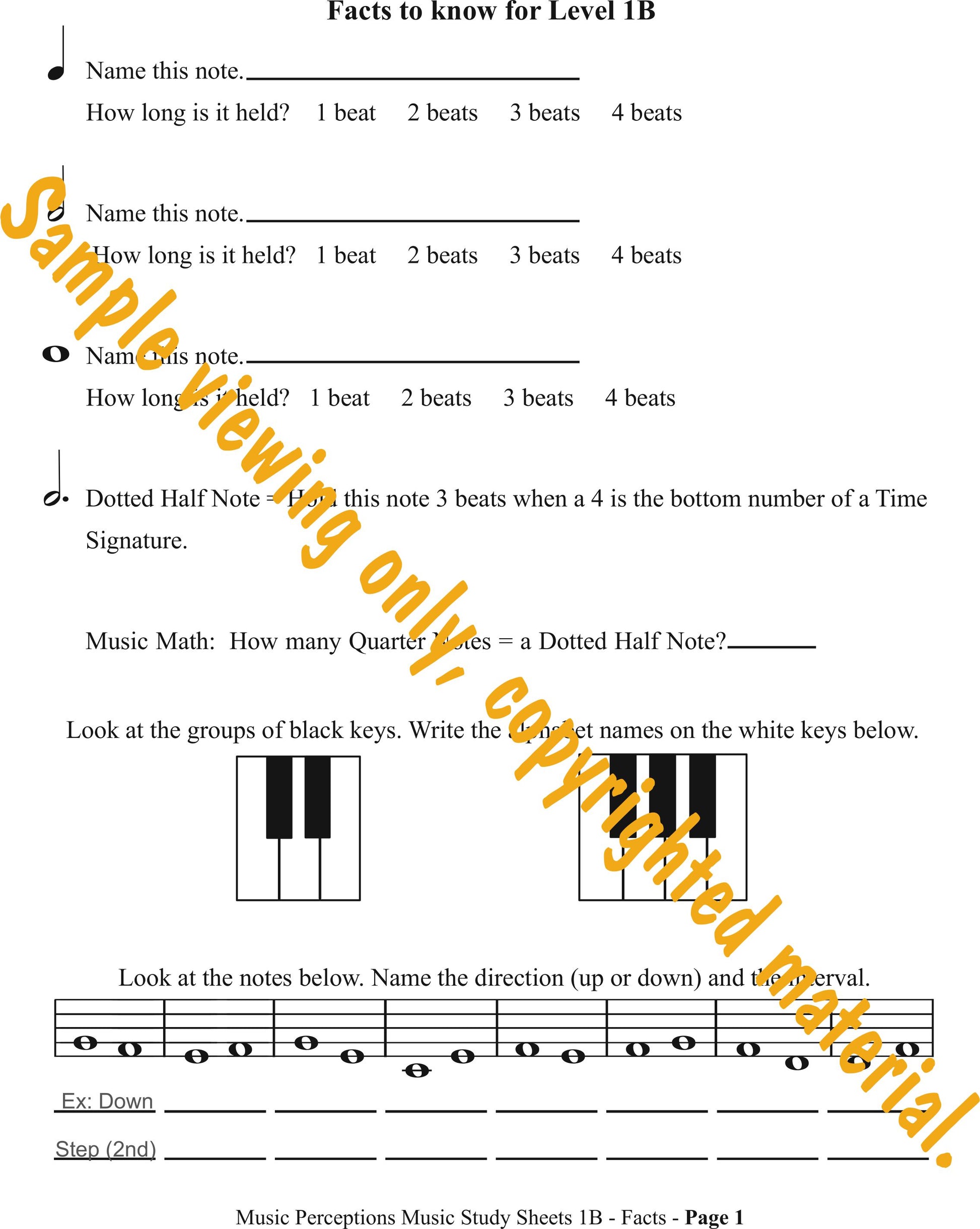 Music Study Sheets Level 1B Facts to Know Sample Page 1 by LeAnn Halvorson.