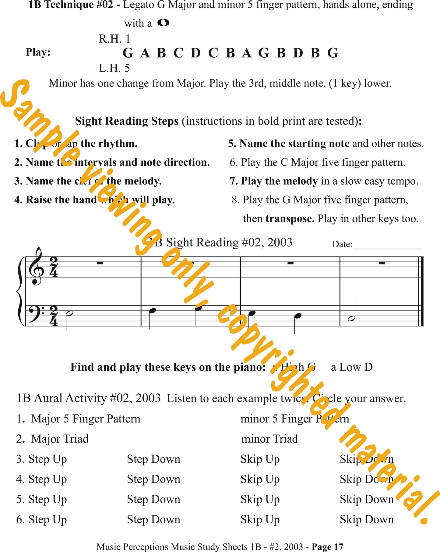 Music Study Sheets 1B Sample Page 17. This is from the Bonus 2003 edition. Access to Aural Activity .mp3 files available with purchase of the book. By LeAnn Halvorson.