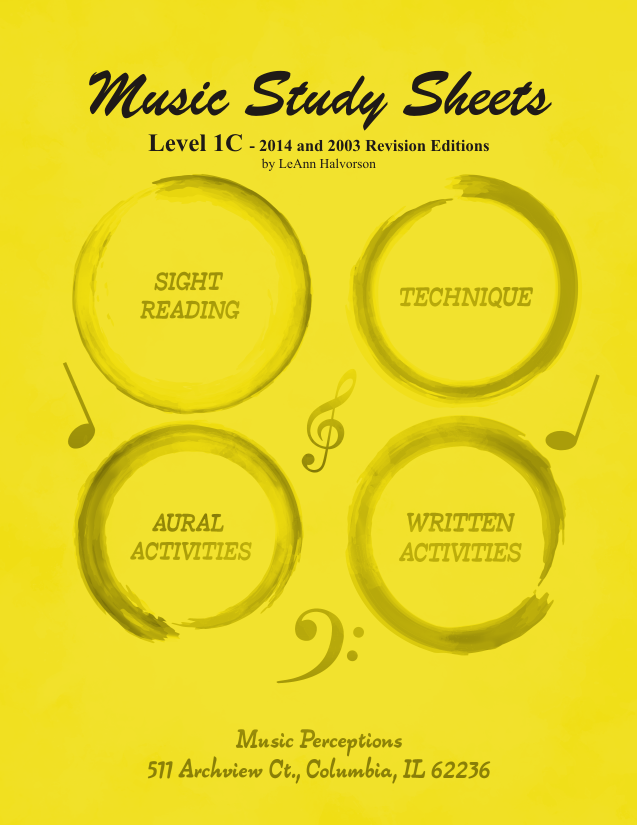 Music Study Sheets 1C edition 2014 and 2003 helps piano students learn basic musicianship skills, particularly for those taking Achievement in Music Exams from the Illinois State Music Teachers Association. Includes Sight Reading, Aural Activities, Technique, and Written Activities with answer pages. Access mp3 files using codes on the Table of Contents at: www.musicperceptions.com. By LeAnn Halvorson, cover art by Val Halvorson.