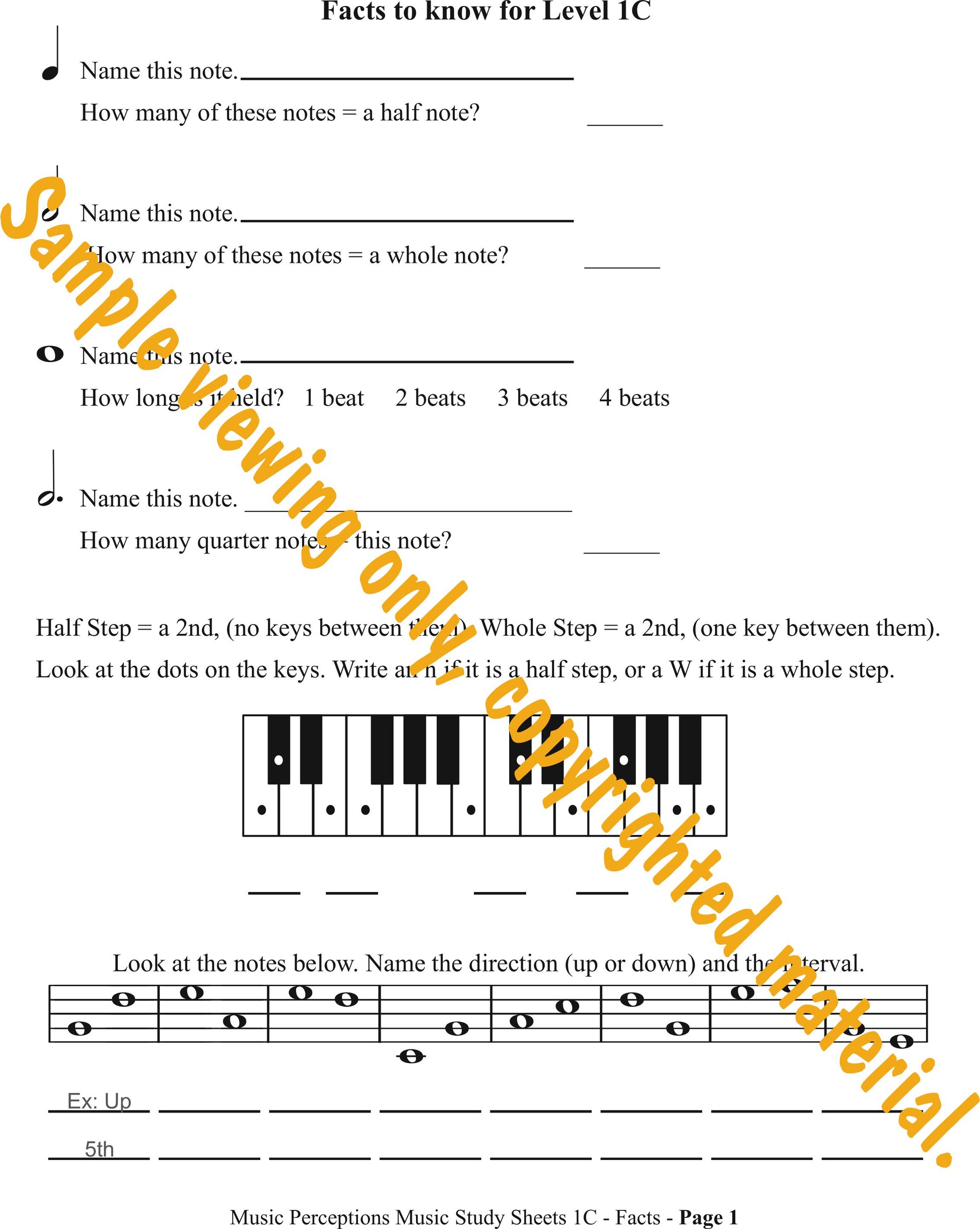 Music Study Sheets Level 1C Sample Page 1 of Facts to Know by LeAnn Halvorson.