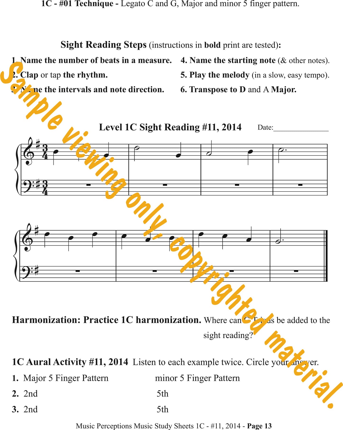 Music Study Sheets 1C Sample Page 13. Access to Aural Activity .mp3 Files available with purchase of the book. By LeAnn Halvorson.