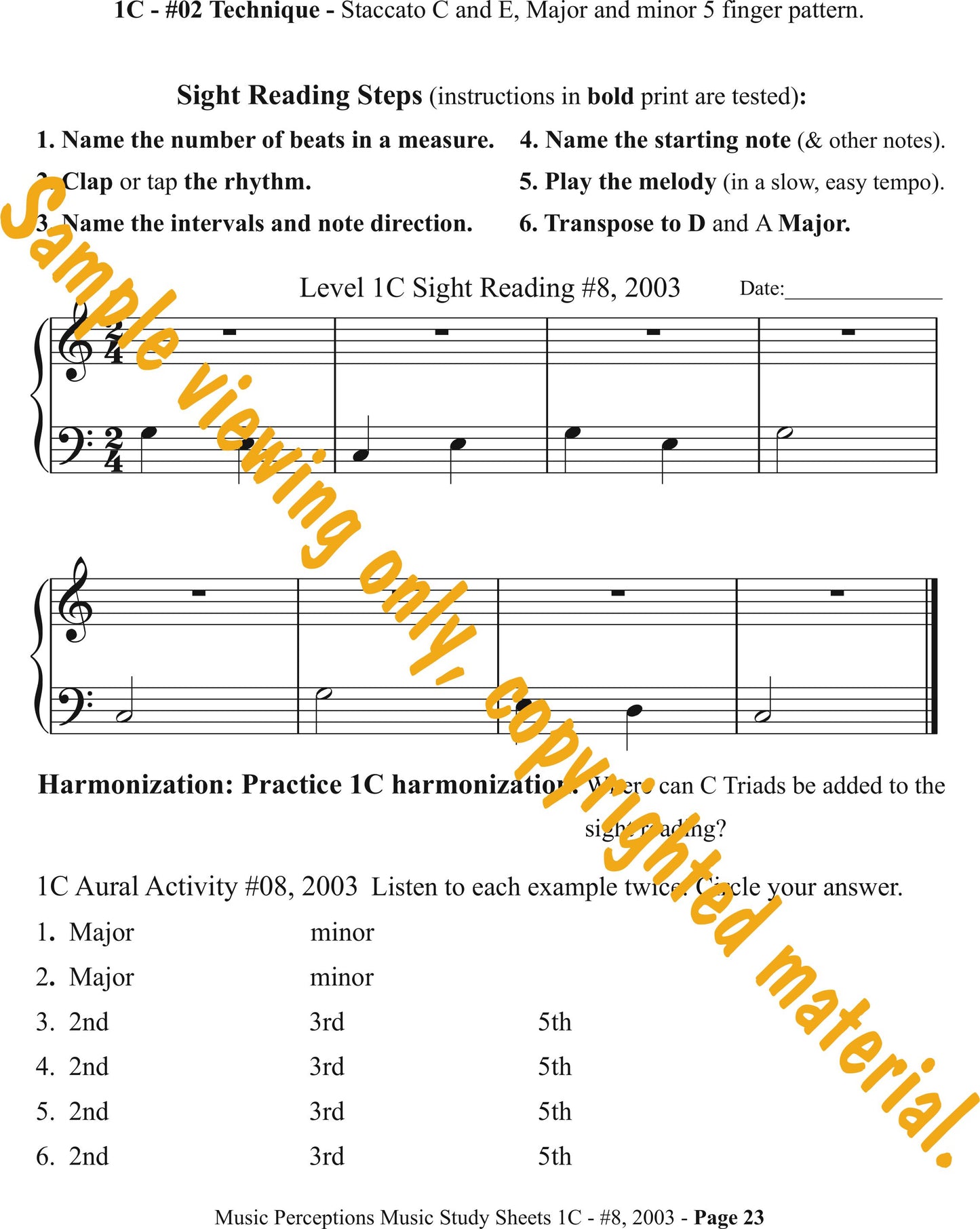 Music Study Sheets 1C Sample Page 23. This is Bonus material from 2003 edition. Access to Aural Activity .mp3 Files available with purchase of the book. By LeAnn Halvorson.