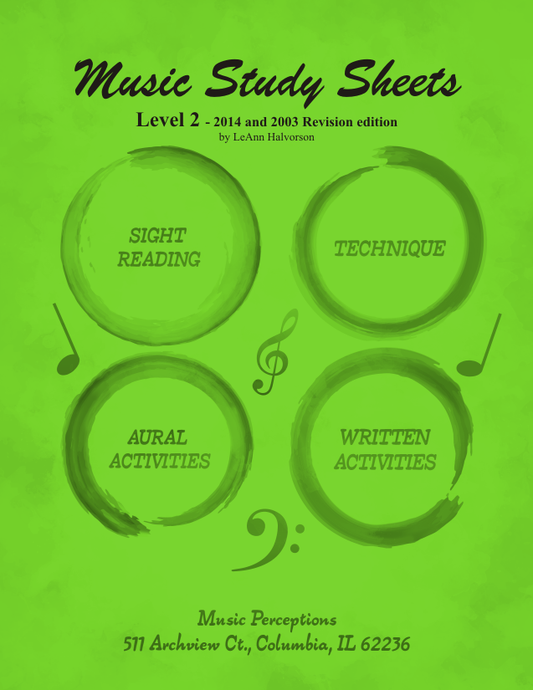 Music Study Sheets, Level 2 edition 2003 and 2014 includes Sight Reading, Technique, Music Theory, Aural Activities, and 12 bonus pages from the 2003 edition. Can be used with any method book and is great for music students. Bonus Aural Activity .mp3 files can be accessed using the codes on the inside front cover at Music Perceptions website. Answer Pages available on the Teacher's Corner at Music Perceptions website. By LeAnn Halvorson, Cover art by Val Halvorson.