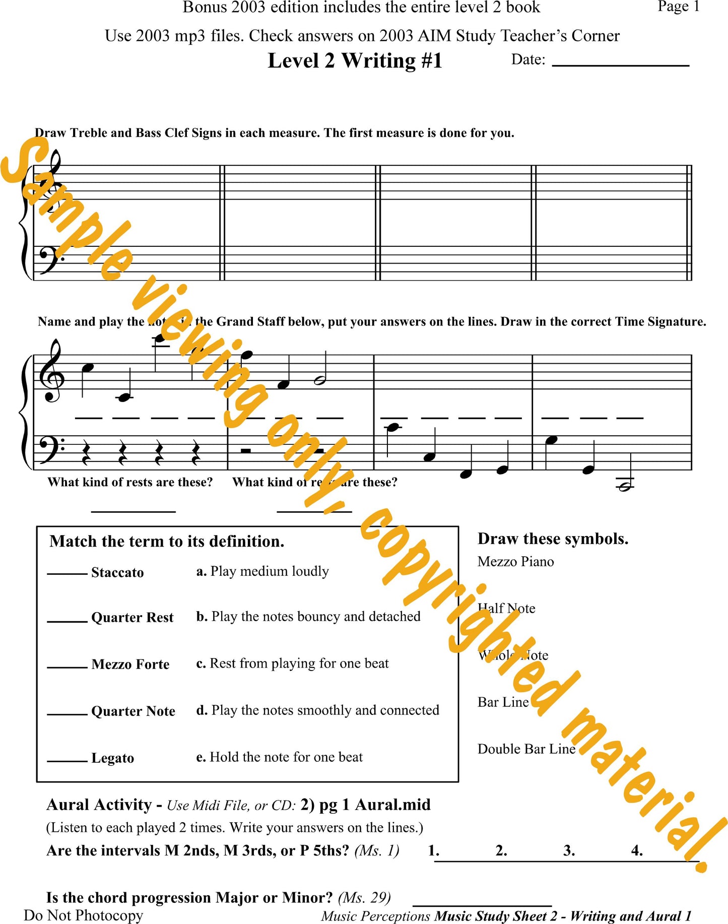 Music Study Sheets Level 2 Sample Page 1 from Bonus 2003 edition. Access to Aural Activity .mp3 files available with purchase of the book. By LeAnn Halvorson.