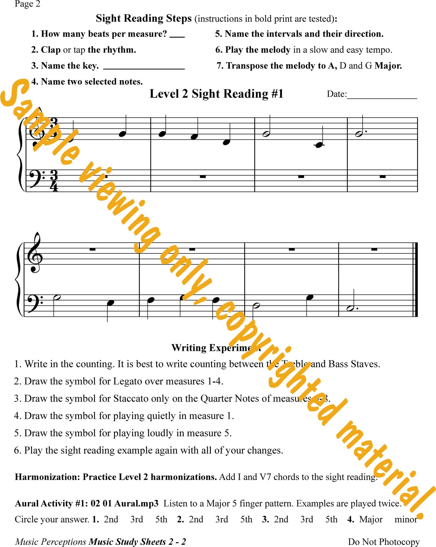 Music Study Sheets Level 2 Sample Page 2. Access to Aural Activity .mp3 files available with purchase of the book. By LeAnn Halvorson.