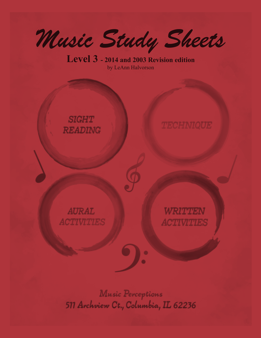 Music Study Sheets Level 3, 2014 and 2003 edition includes Sight Reading, Technique, Music Theory, and Aural Activities. Bonus pages from the 2003 edition have been added. Can be used with any method book. Access audio files and answer pages through Music Perceptions website. By LeAnn Halvorson with cover art by Val Halvorson.