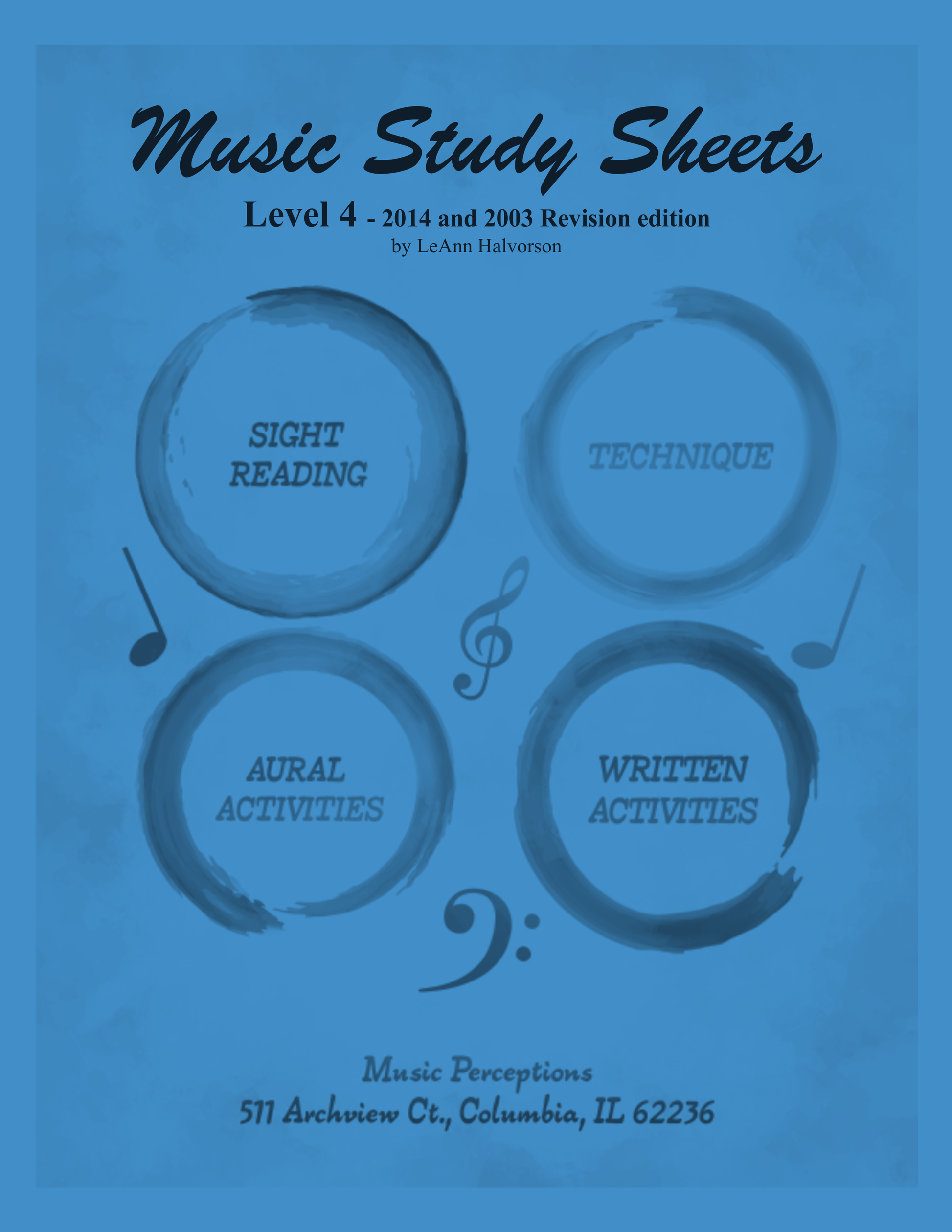 Music Study Sheets Level 4, 2014 and 2003 Revision edition includes Sight Reading, Technique, Written Activities, and Aural Activities. 12 bonus pages from the 2003 edition are included. Aural Activity .mp3 files and Answer pages are available on the Music Perceptions website. By LeAnn Halvorson, Cover art by Val Halvorson.