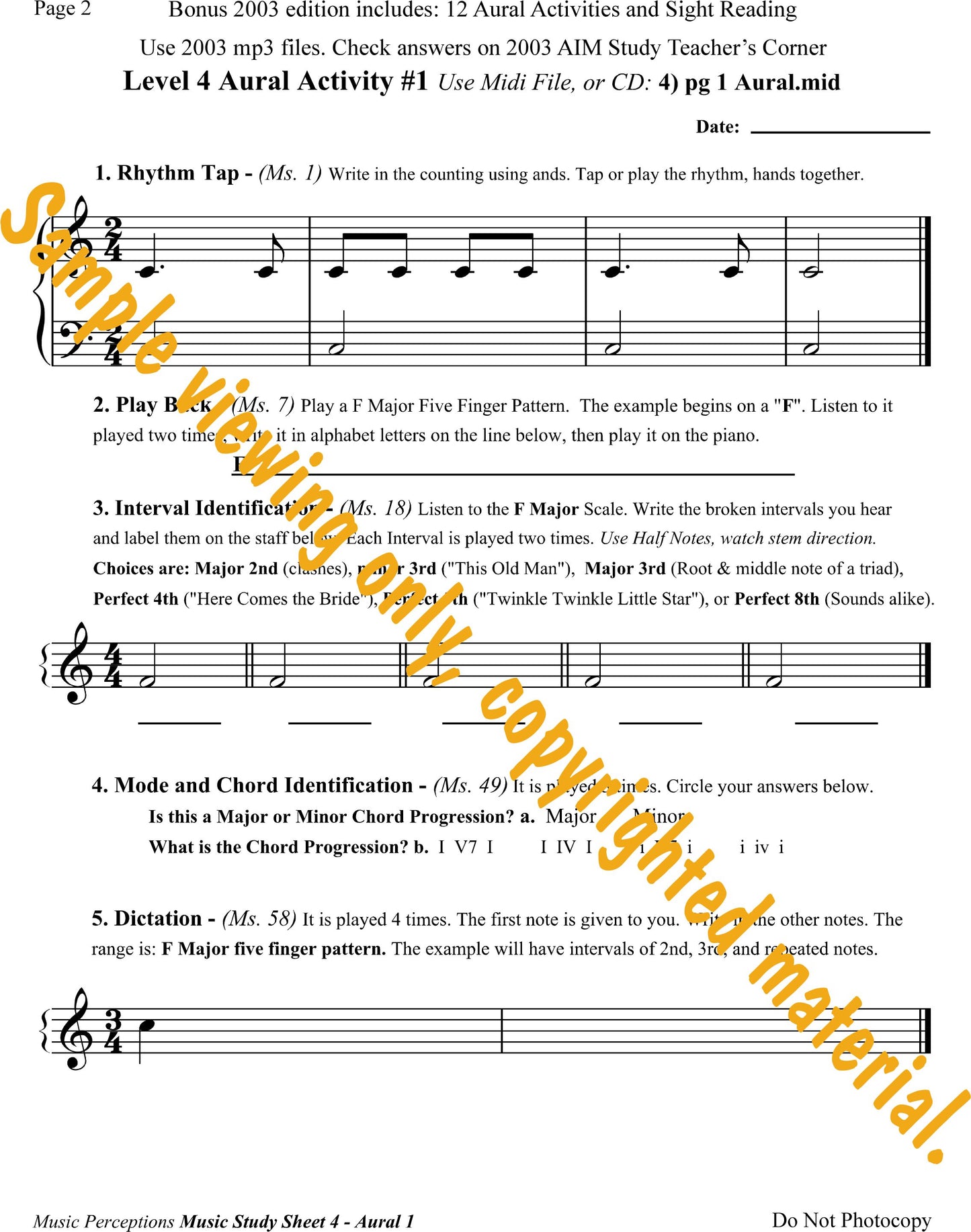 Music Study Sheets Level 4 Sample Page 2 from Bonus 2003 edition. Access to Aural Activity .mp3 files available with purchase of the book. By LeAnn Halvorson.