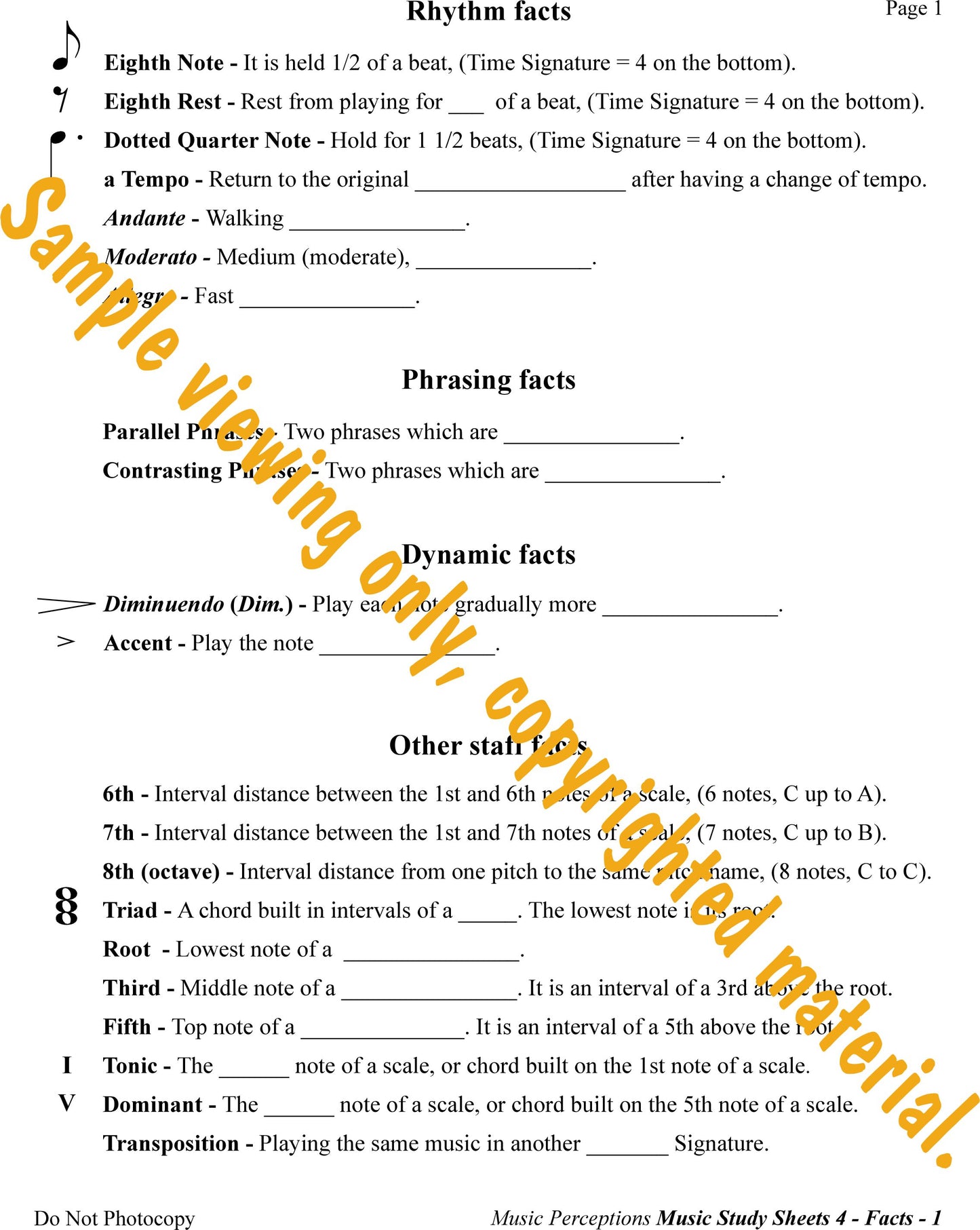 Music Study Sheets Level 4 Sample Page 1, Facts to Know, by LeAnn Halvorson.