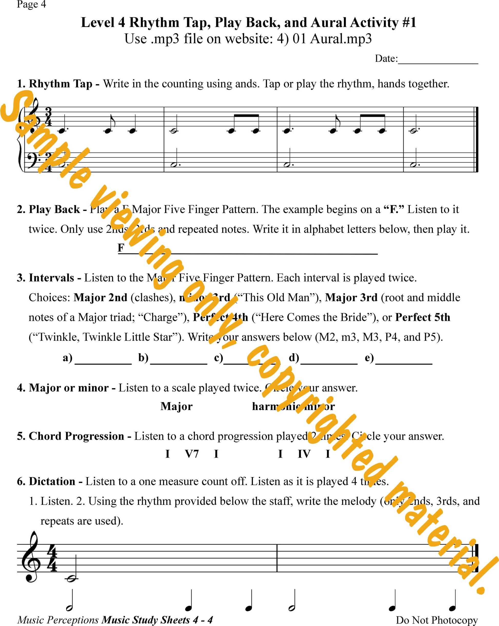 Music Study Sheets Level 4 Sample Page 4. Access to Aural Activity .mp3 files available with purchase of the book. By LeAnn Halvorson.