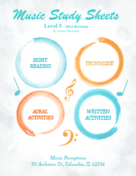 Music Study Sheets Level 5, 2014 and 2003 edition includes Sight Reading, Technique, Music Theory and Aural Activities. Bonus pages from the 2003 edition are also included. Can be used with any method book and helpful for all music students. Aural .mp3 files and Answer Pages available on website for Music Perceptions. by LeAnn Halvorson with cover art by Val Halvorson.