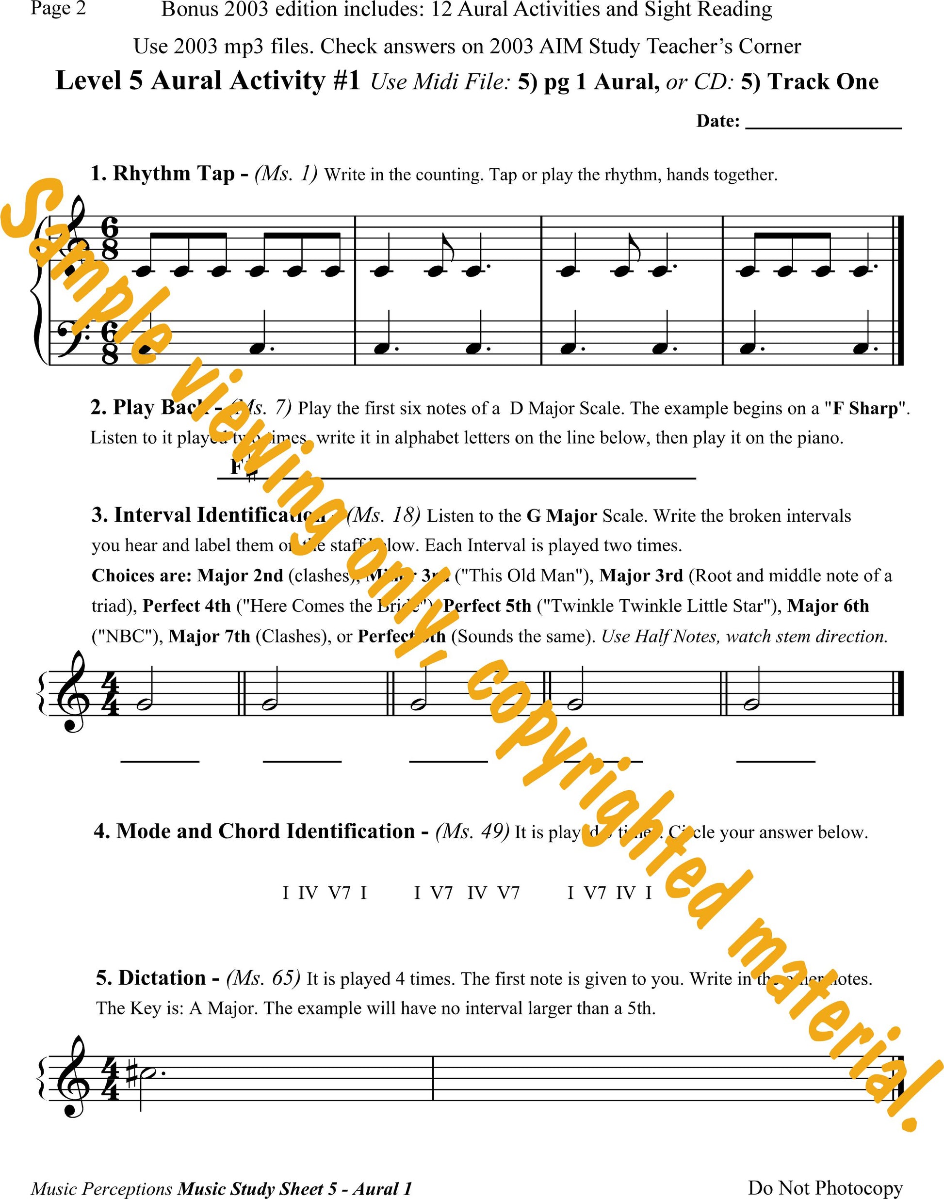 Music Study Sheets Level 5 Sample Page 2 from Bonus 2003 edition. Access to Aural Activity .mp3 files is available with purchase of the book. By LeAnn Halvorson.