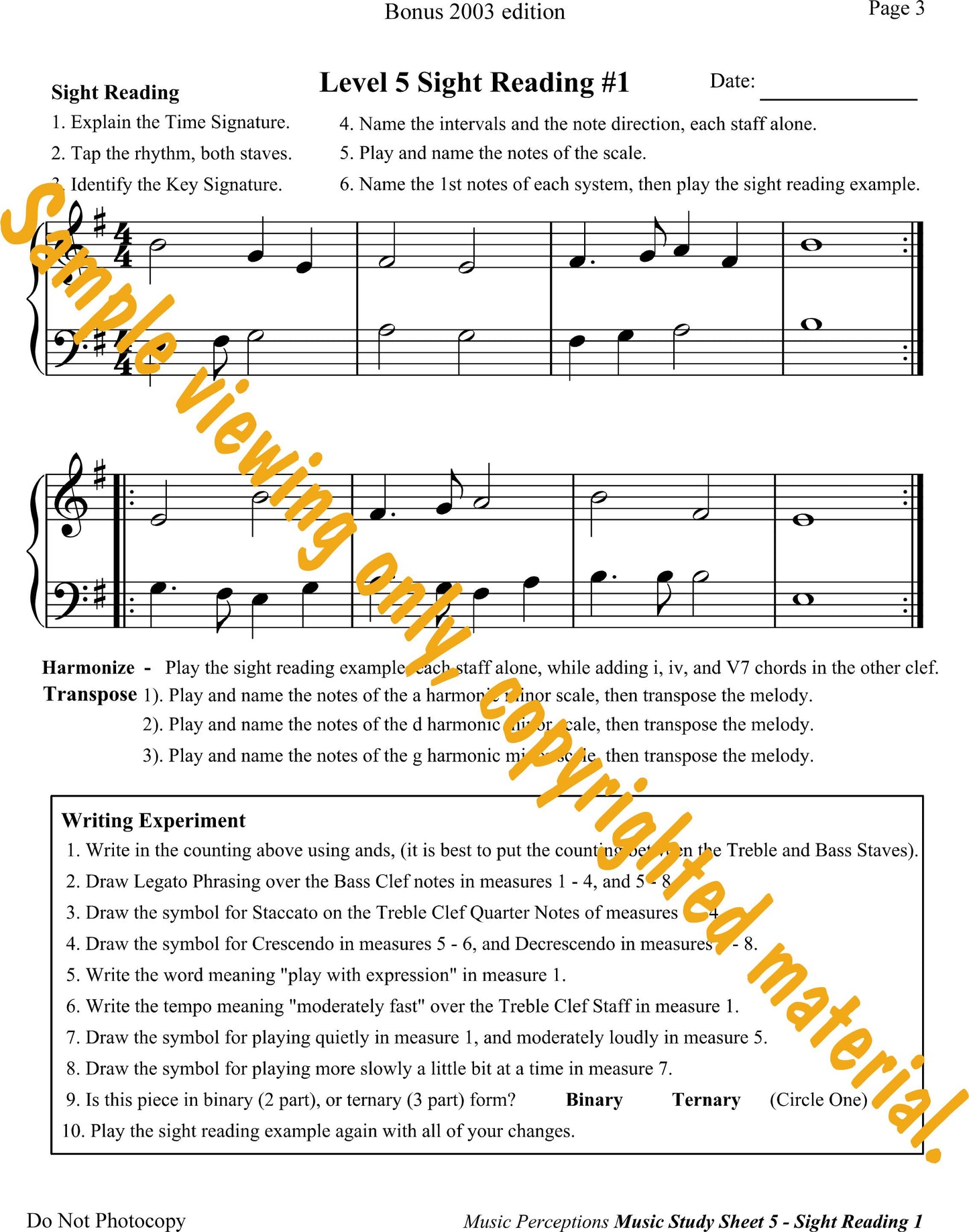 Music Study Sheets Level 5 Page 3 from Bonus edition by LeAnn Halvorson.