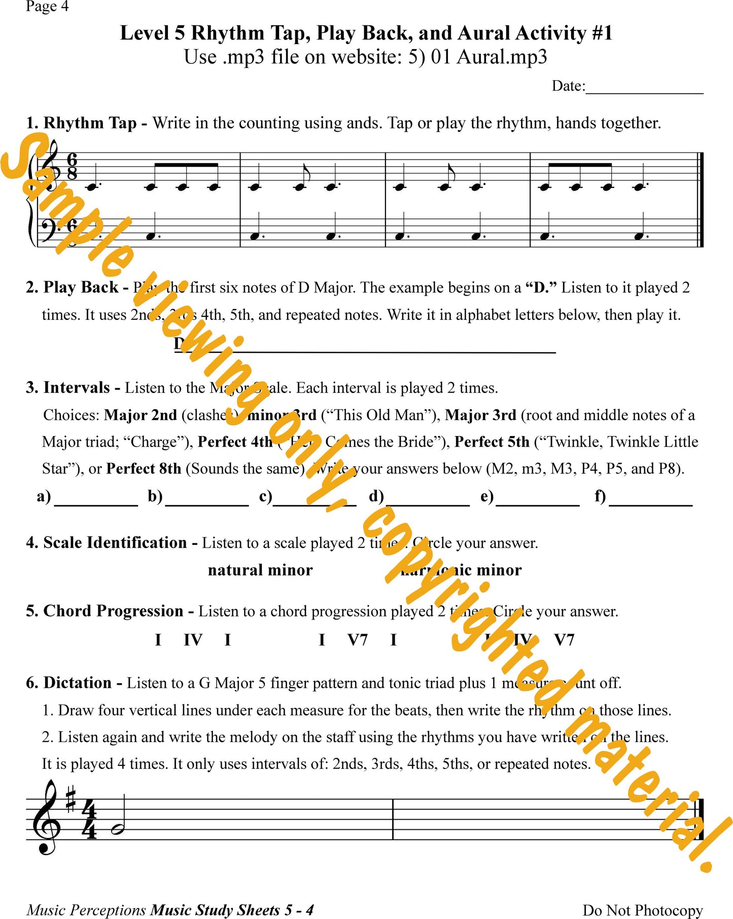 Music Study Sheets Level 5 Sample Page 4. Access to Aural Activity .mp3 files is available with purchase of the book. By LeAnn Halvorson.